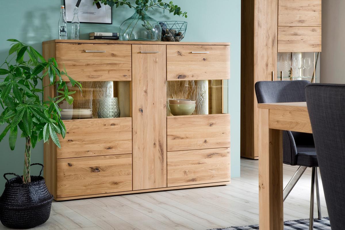Highboard Santori Eiche teilmassiv - Eichefarben/Schwarz, Design, Glas/Holz (150/121/37cm) - Livetastic