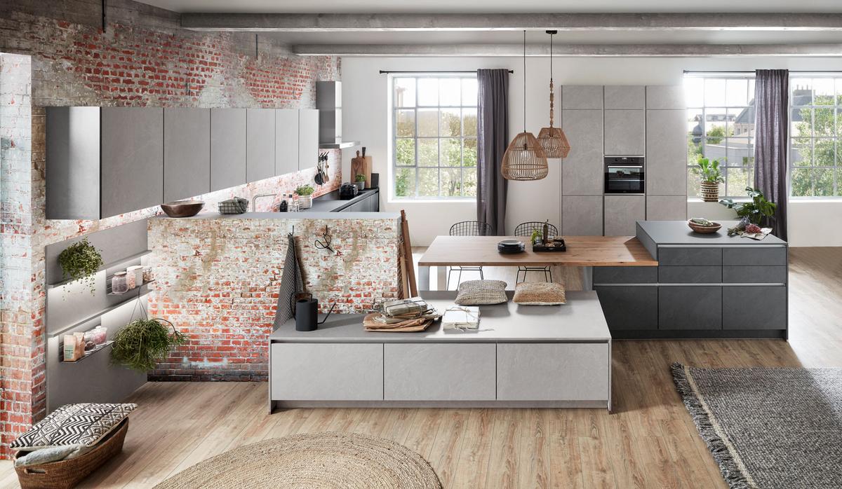 Einbauküche Ston Frei Planbar Modern, Grifflos - Eichefarben/Anthrazit, MODERN, Holzwerkstoff - Vertico