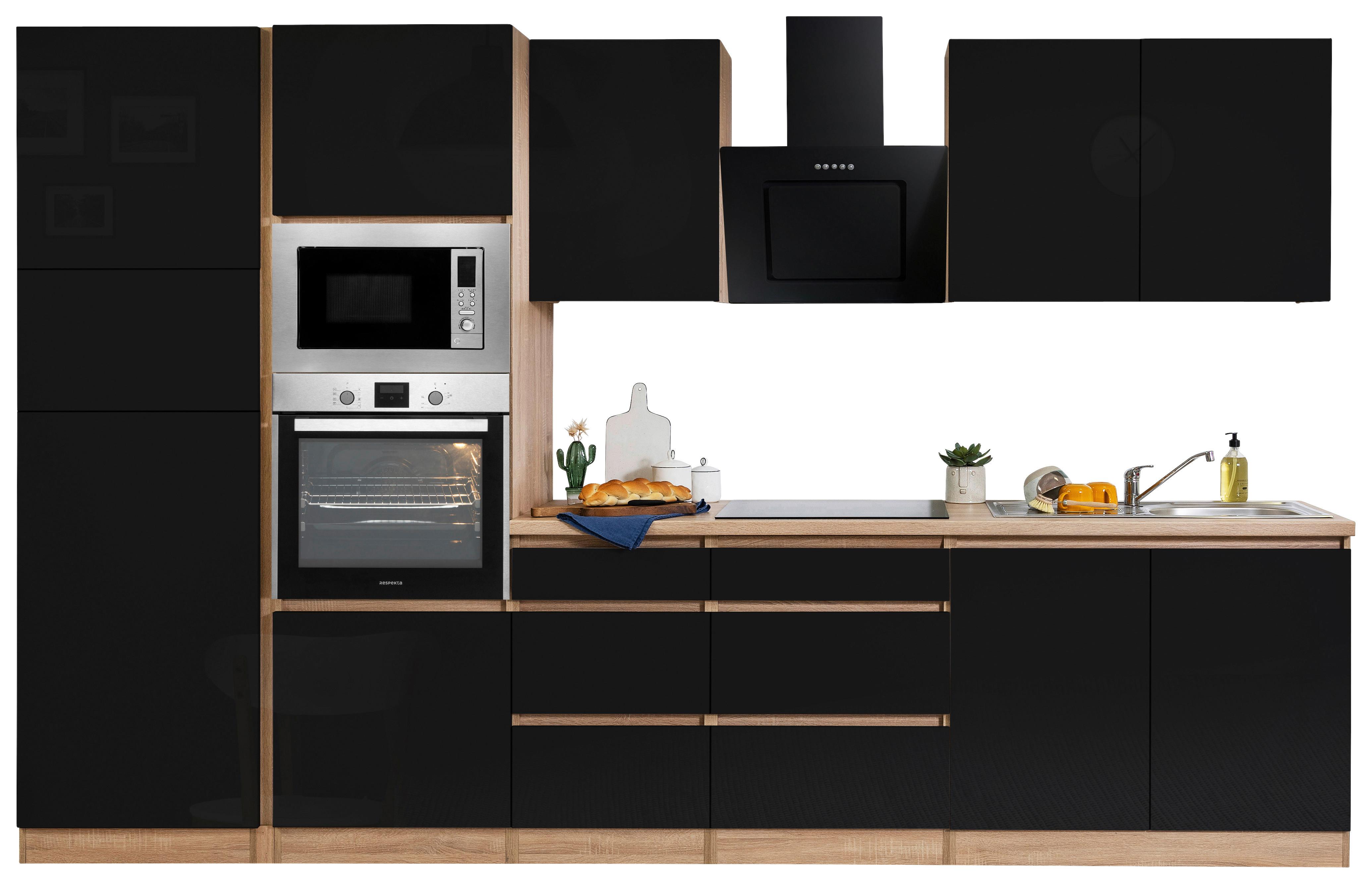 Küchenblock Lorena B: 335 cm Schwarz, mit Geräte - Schwarz Hochglanz/Eichefarben, Basics, Holzwerkstoff (335cm) - Respekta