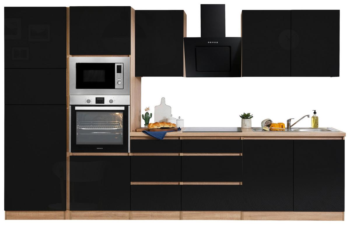 Küchenblock Lorena B: 335 Cm Schwarz, Mit Geräte - Schwarz Hochglanz/Eichefarben, Basics, Holzwerkstoff (335cm) - Respekta