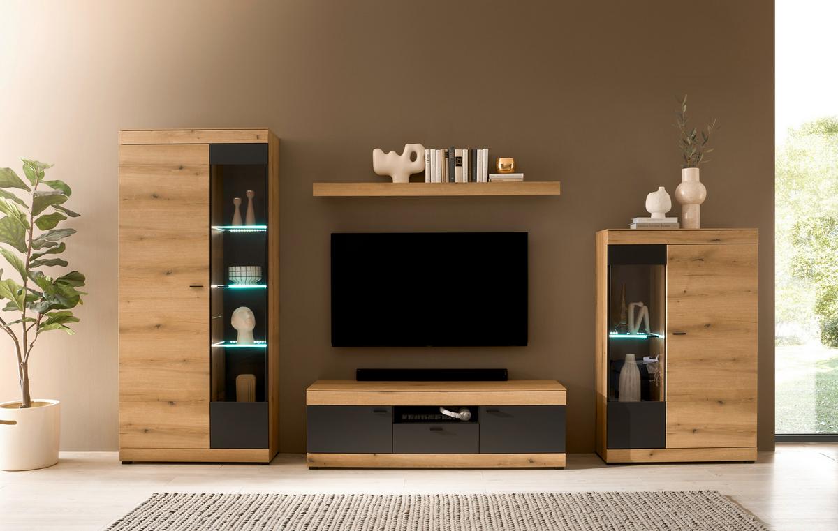 Wohnwand Soleto Graphit/Eichefarben B: 350cm - Eichefarben/Schwarz, Design, Glas/Holzwerkstoff (350/201/45cm) - MID.YOU