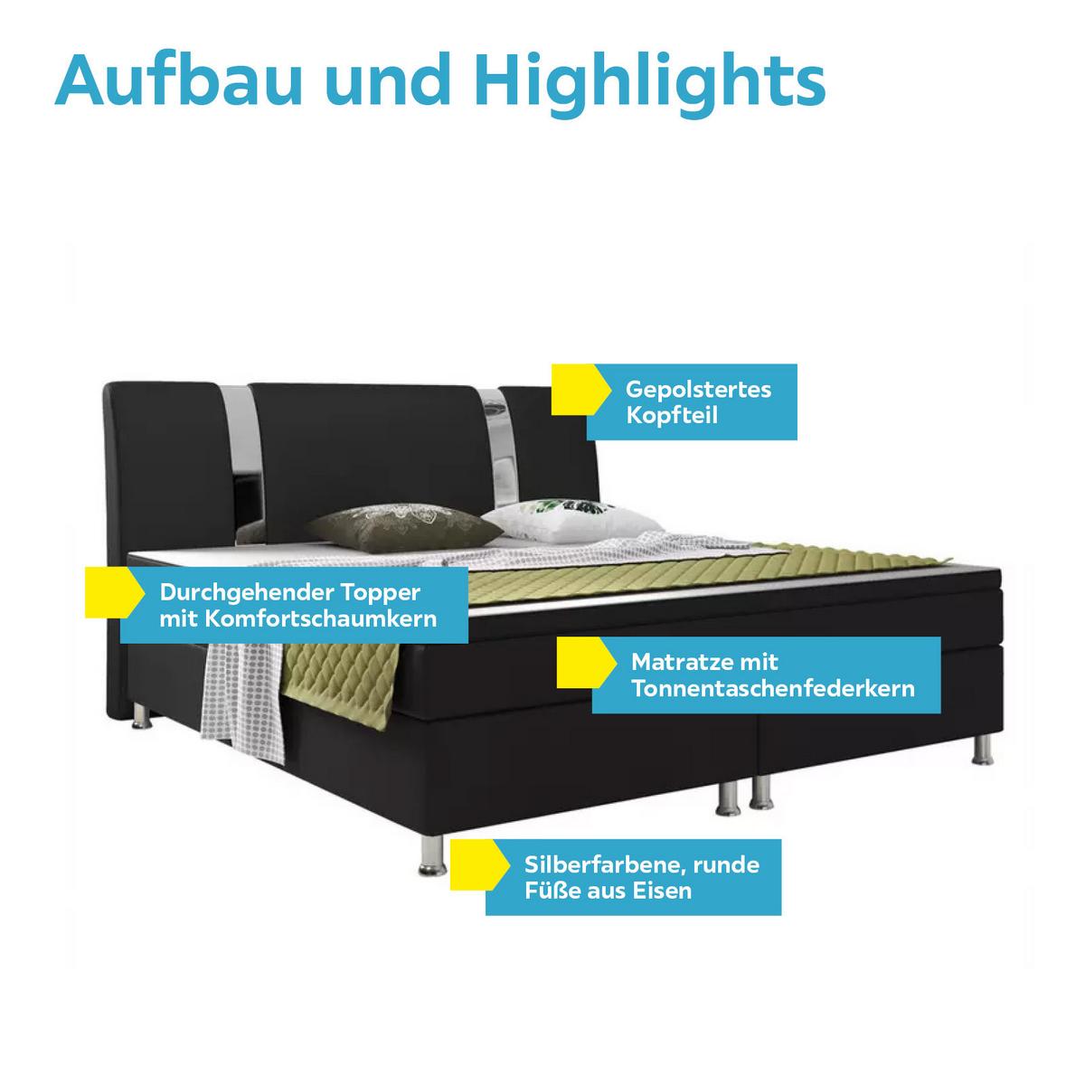 Boxspringbett Mit Topper Lederlook 180x200 Riva - Silberfarben/Schwarz, KONVENTIONELL, Leder/Textil (180/115/210cm) - MID.YOU