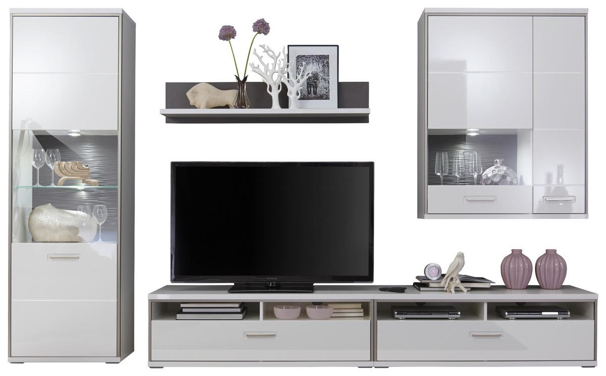 Wohnkombination 5-tlg. Trento Grau/silbern/weiß - Weiß Hochglanz/Silberfarben, Design, Glas/Holzwerkstoff (321/201/52cm) - Livetastic