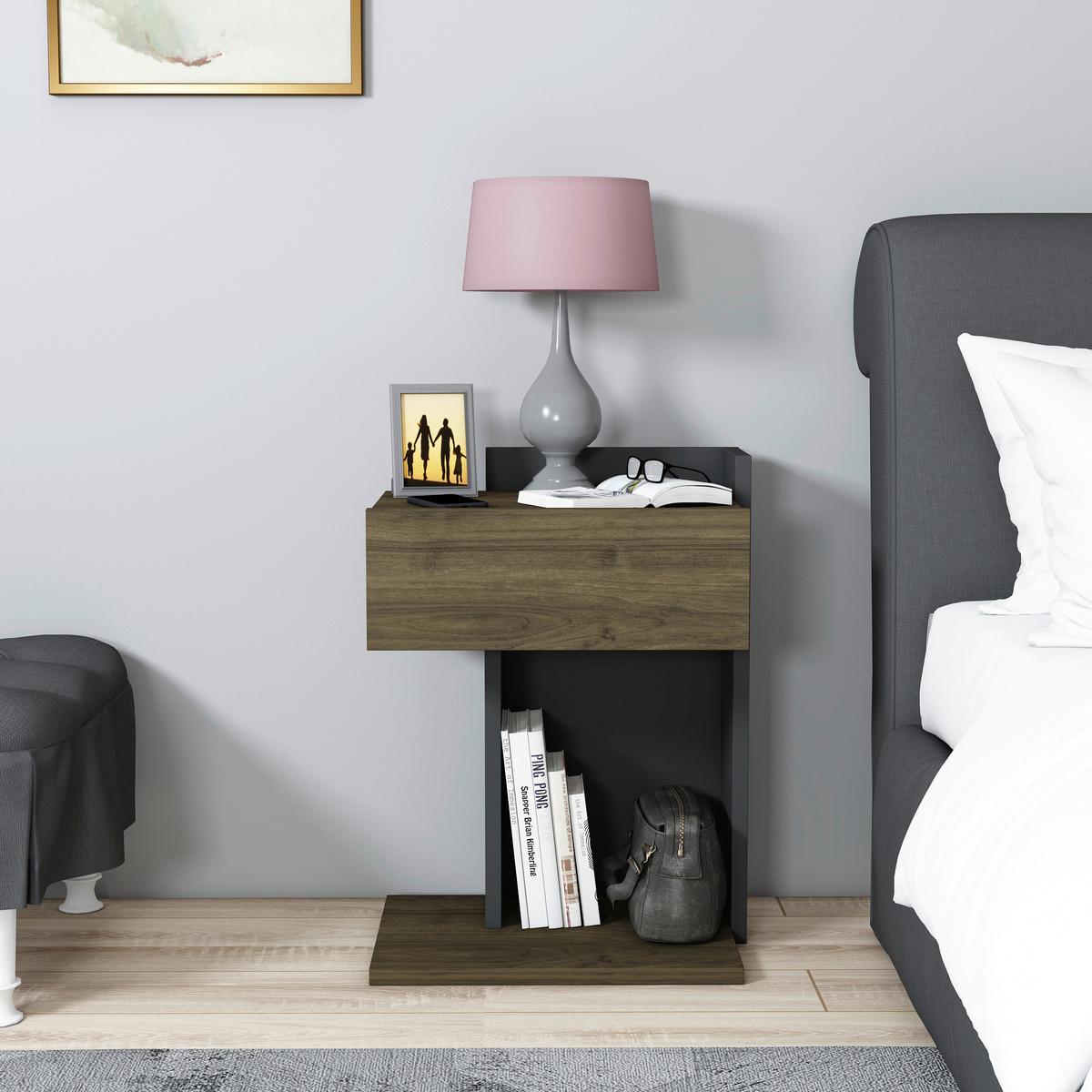 Nachtkästchen, Anthrazit, Walnuss Dekor, H: 55 Cm - Anthrazit/Walnussfarben, Design, Holzwerkstoff (41,4/55/33,2cm) - MID.YOU