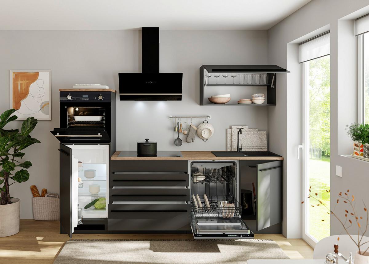 Küchenzeile Jazz 6 ohne Geräte 260 cm Schwarz - Eichefarben/Schwarz, KONVENTIONELL, Holzwerkstoff (260cm) - P & B