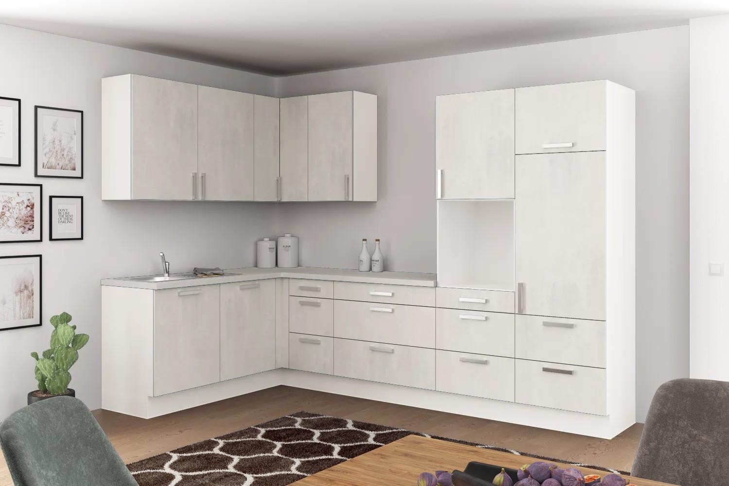 Geräumige Eckküche in hellgrauer Betonoptik & Weiß