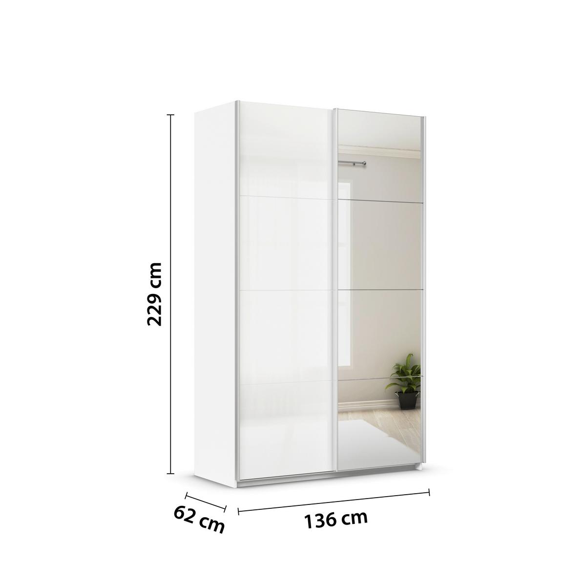 Schwebetürenschrank Feldkirch 136 Maxihöhe - Weiß Hochglanz/Silberfarben, MODERN, Holzwerkstoff (136/229/62cm)