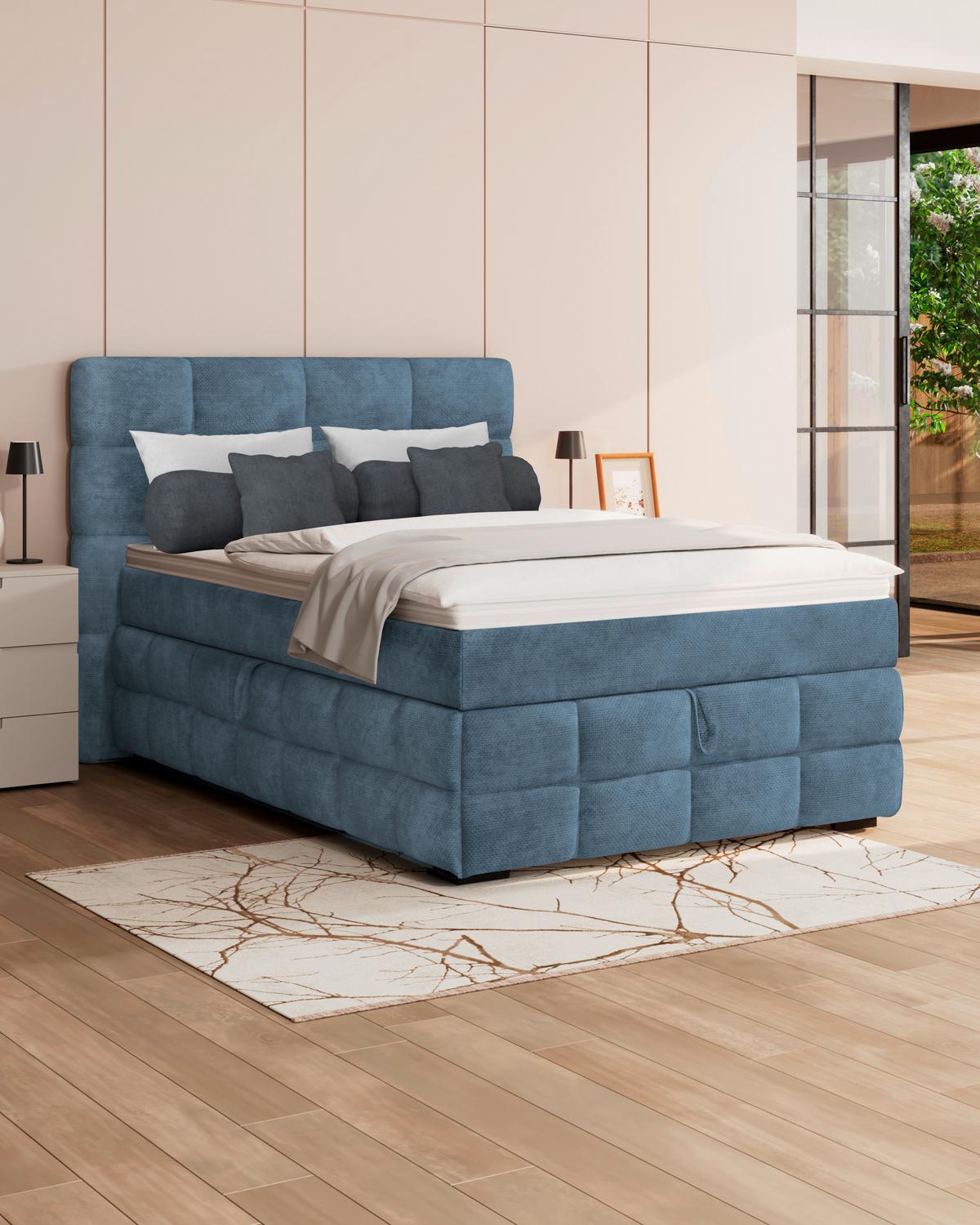 Čalúnená posteľ VEGA 140x200 cm, modrá - modrá/čierna, Trend, drevo/textil (140/200cm)