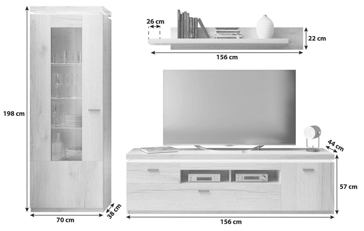 Wohnkombination Modern 3 -teilig. Mit Led Vancouver, Eiche Dekor - Eichefarben, MODERN, Glas/Holzwerkstoff (266/198/44cm)