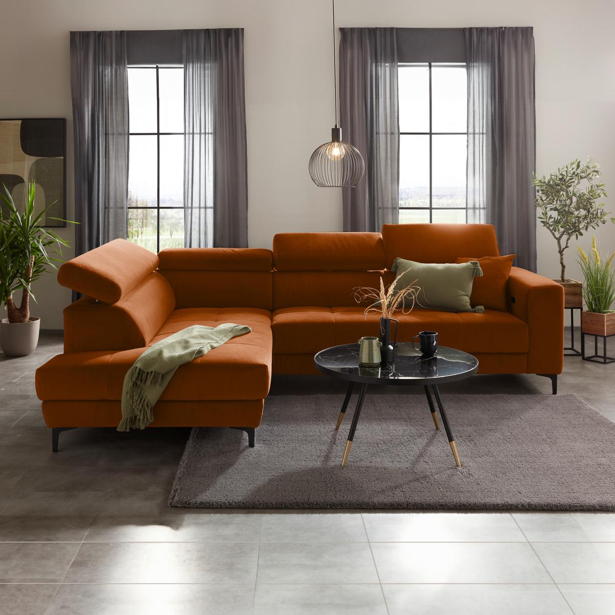 Rohová sedačka EMMA, levá, oranžová,op.hl.,USB,el.výsuv - oranžová/černá, Moderní, textil (210/301cm) - Premium Living