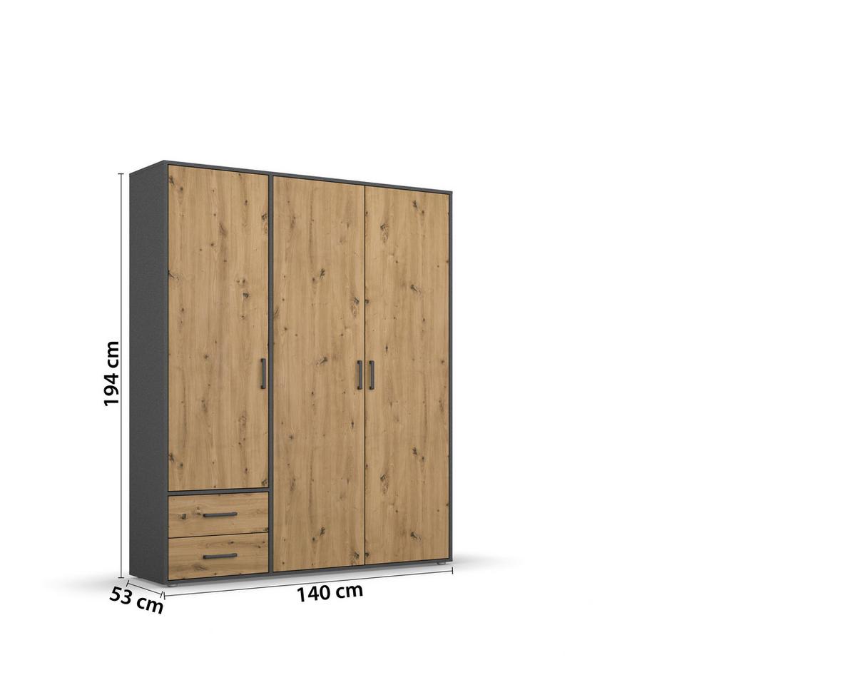 Drehtürenschrank Voyager Grau,eiche Artisan 140 Cm - Eiche Artisan/Grau, MODERN, Holzwerkstoff (140/194/53cm) - Rauch Möbel