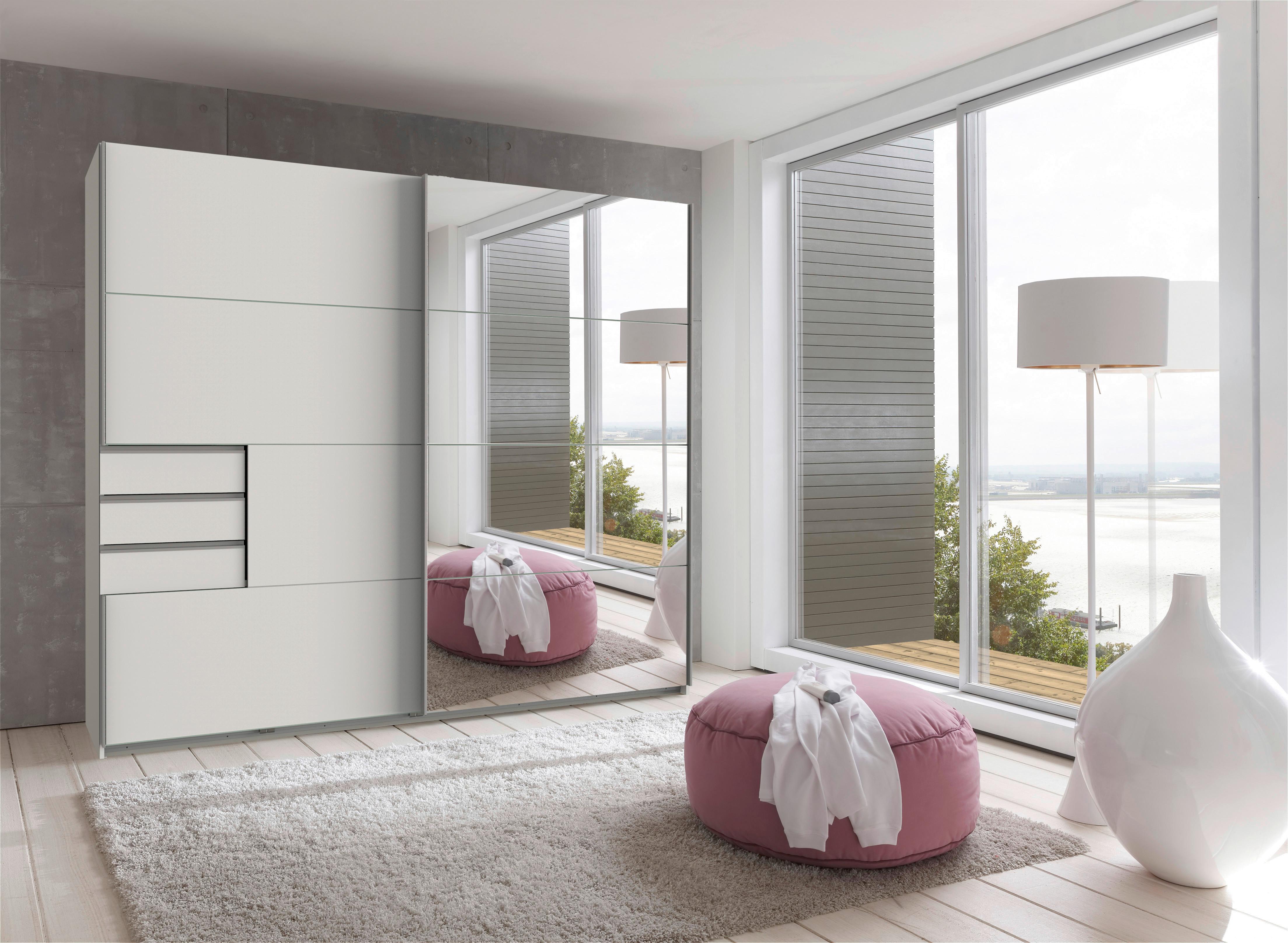Skriňa s posuv. dverami SAIGON biela/zrkadlo, š. 225 cm - biela/strieborná, Konventionell, kov/kompozitné drevo (225/208/64cm) - Premium Living