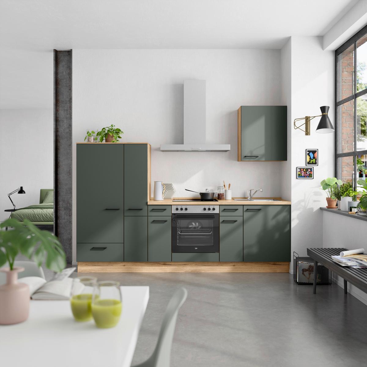 Küchenleerblock Easytouch Low-Line, L3 Links - Dunkelgrün/Eichefarben, MODERN, Holzwerkstoff (270cm) - Nobilia