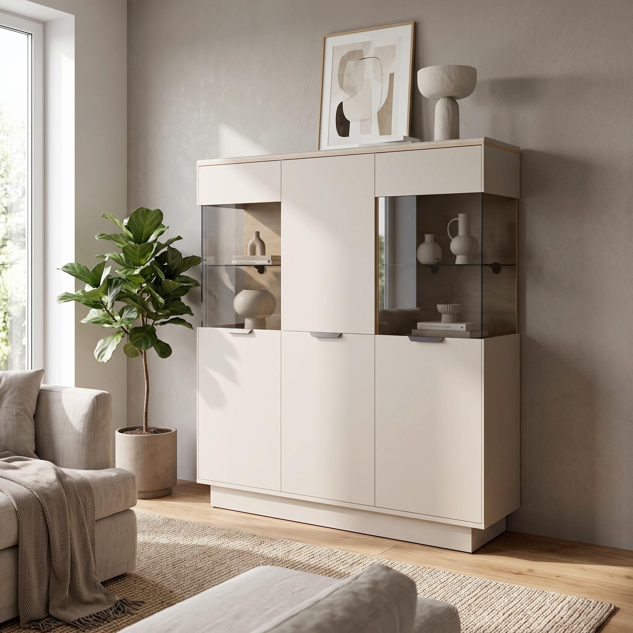 Highboard Darius Eiche Artisan/Kashmir,B:132cm - Kaschmir/Schwarz, Trend, Glas/Holzwerkstoff (132/148,3/37cm)