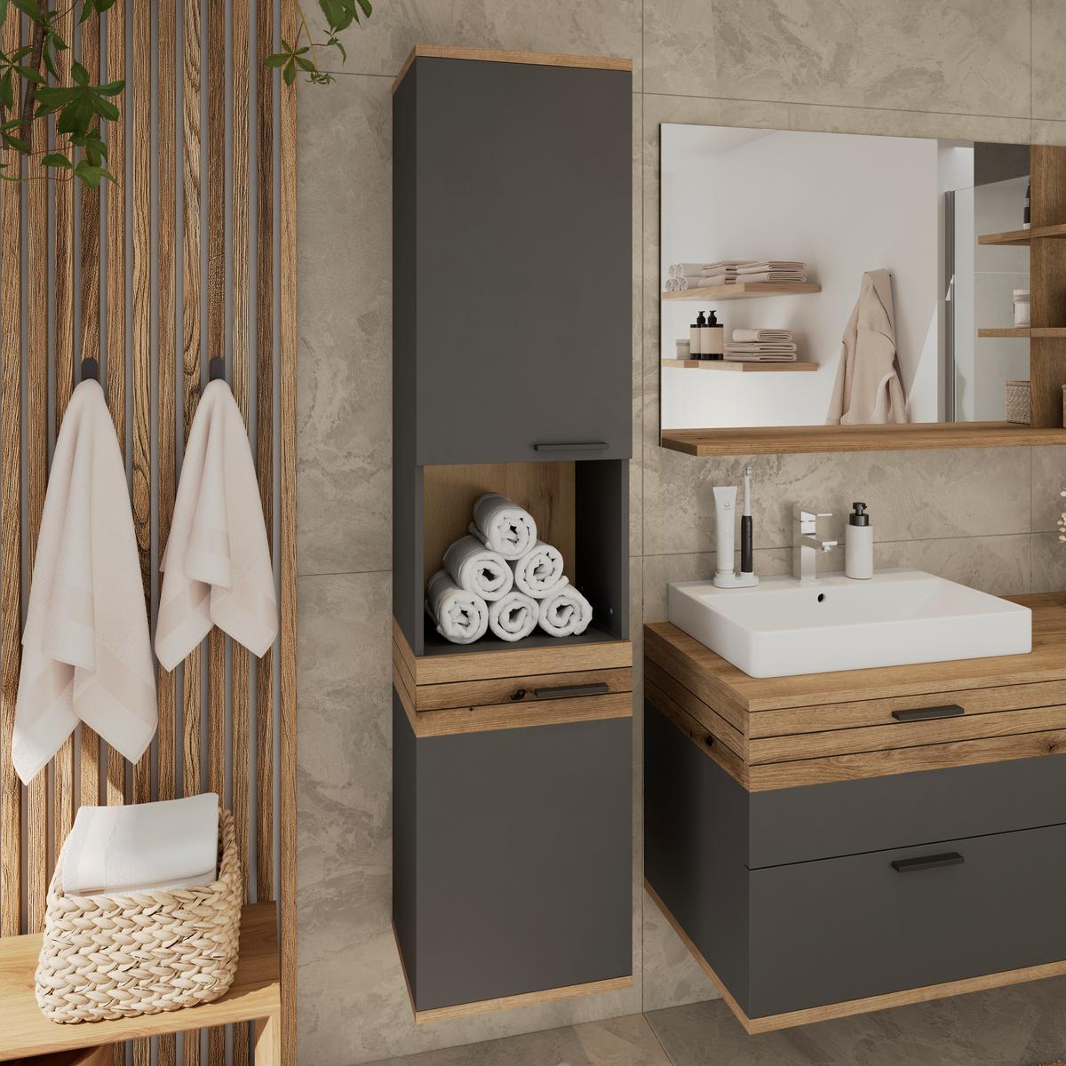 Badezimmer Hochschrank Cotia Cotls 40x170 cm Anthrazit - Eichefarben/Anthrazit, MODERN, Holzwerkstoff (40/170/30cm) - James Wood