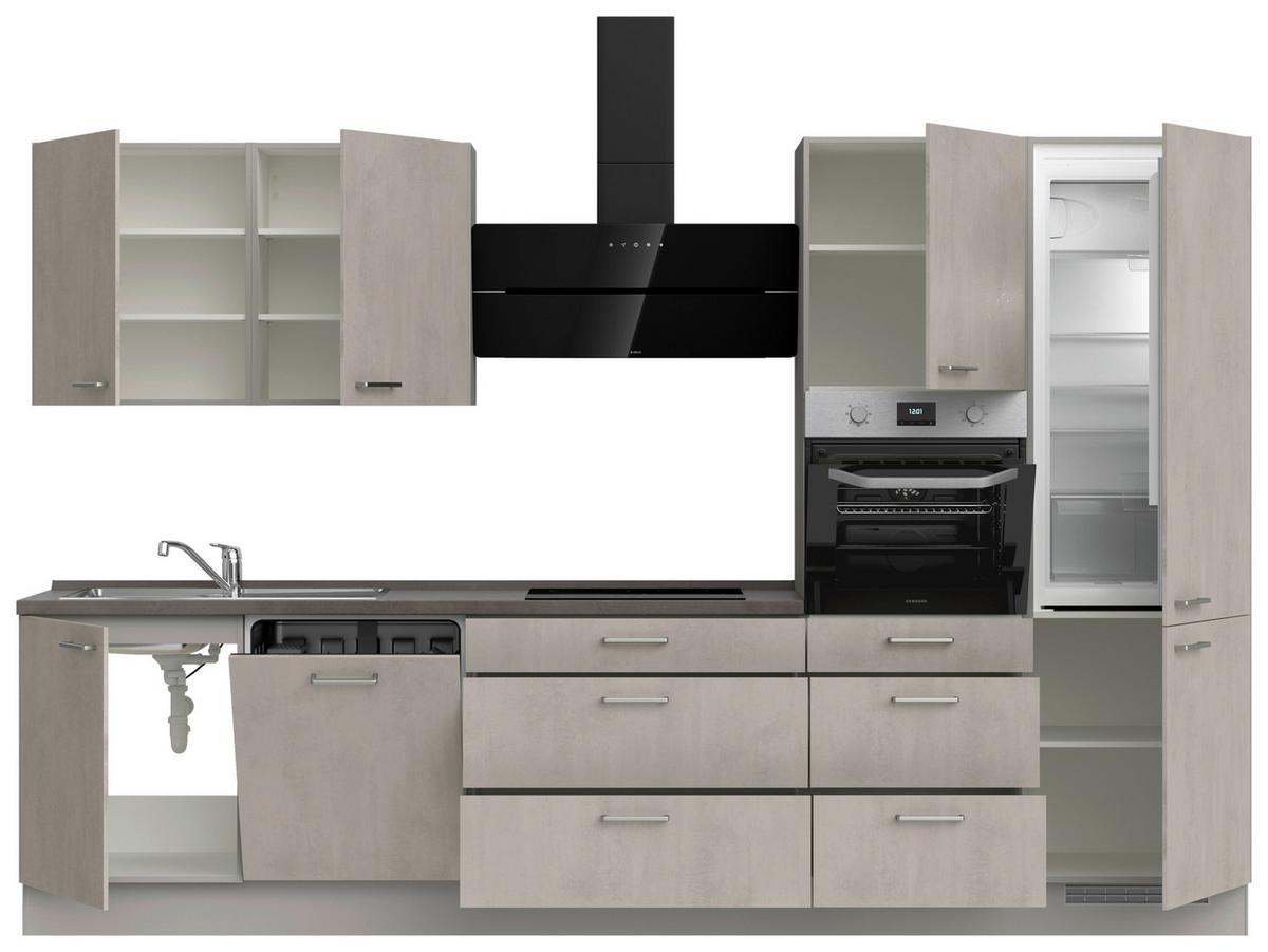 Kuchynská linka 330 cm, šedý betón/ kamenná šedá - sivá/farba ušľachtilej ocele, Modern, kov/kompozitné drevo (330cm) - Nobilia