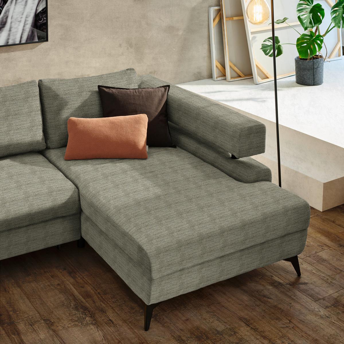 Rohová sedačka ROSALIE, pravá s úložným prostorem a lůžkem - černá/olivově zelená, Konvenční, kov/textil (265/184cm)