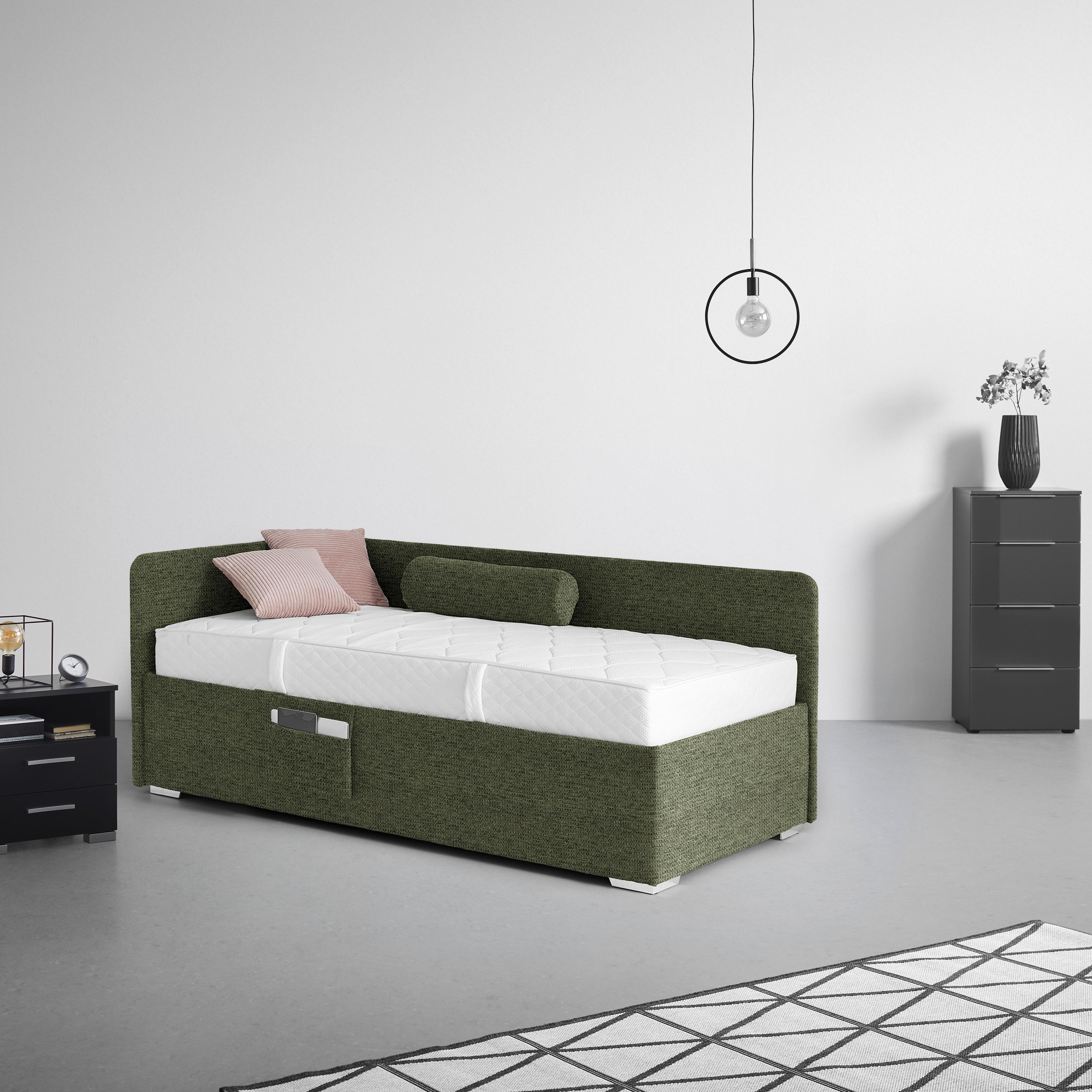 Postel Remi s bočnicemi 140x200, potah olivově zelený - barvy chromu/přírodní barvy, Konvenční, dřevo/textil (140/200cm)