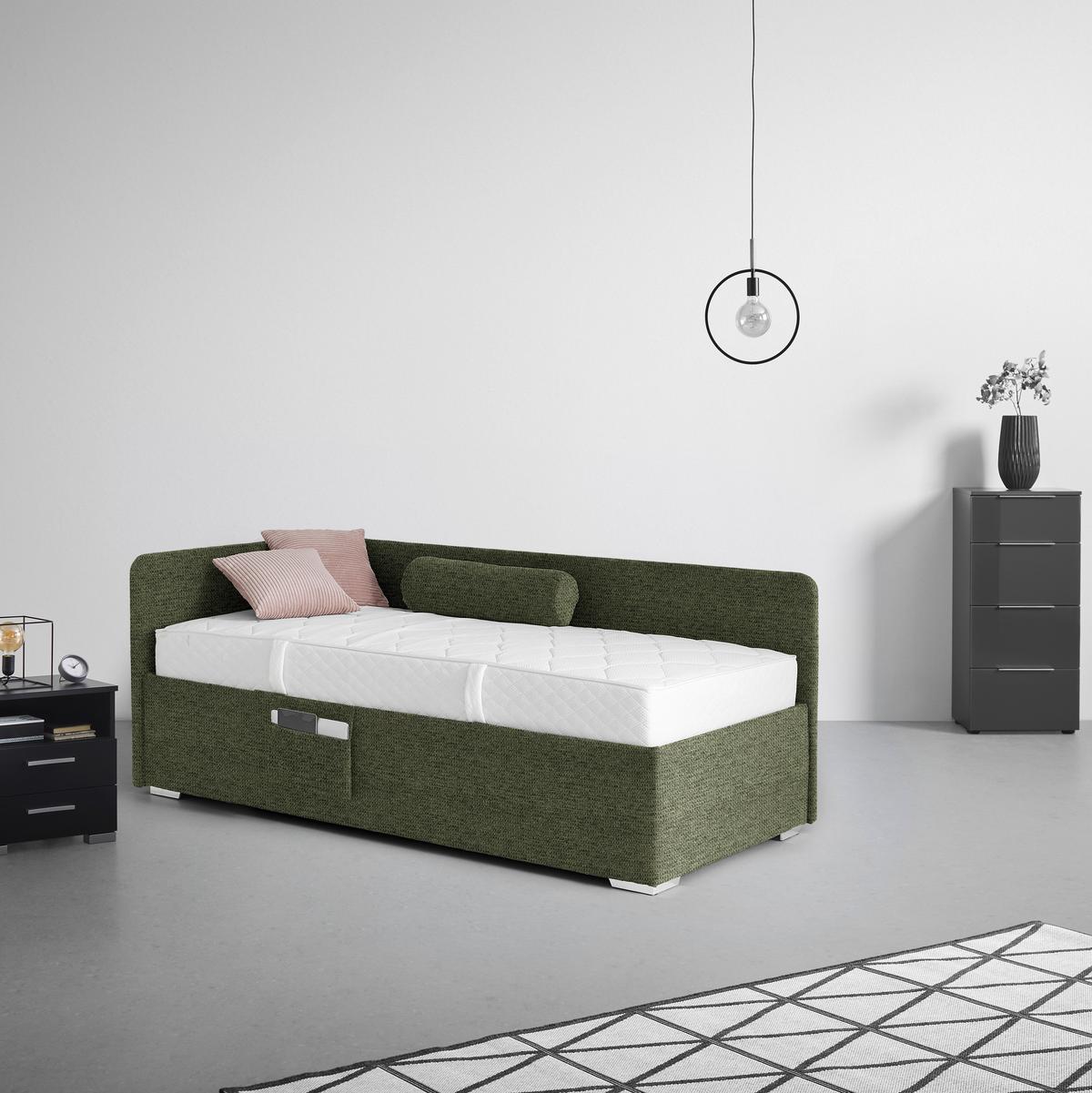Posteľ Remi s bočnicami 140x200, poťah olivovozelený - olivovozelená/prírodná farba, Konventionell, drevo/textil (140/200cm)
