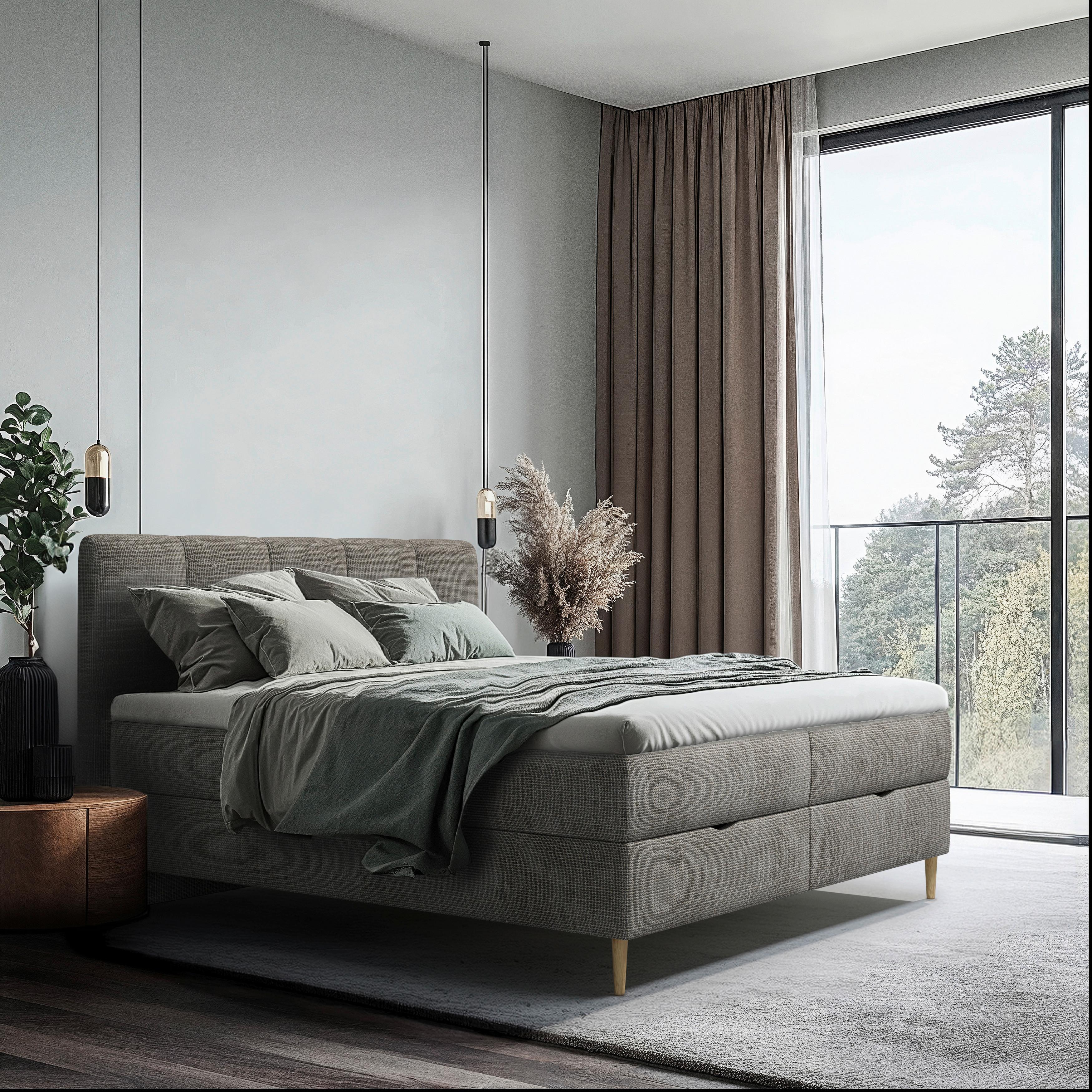 Boxbett Bari mit Topper grau, ca. 180x200cm - Buchefarben/Grau, MODERN, Holz/Holzwerkstoff (180/200cm) - MID.YOU