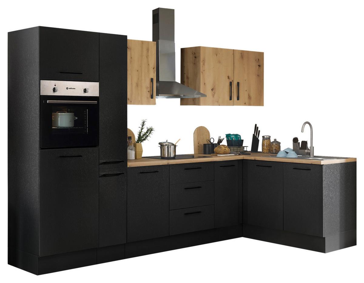 Eckküche Turin Schwarz/Eiche Dekor 300x165 cm - Schwarz/Eiche Artisan, Basics, Holzwerkstoff (300/165cm) - MID.YOU