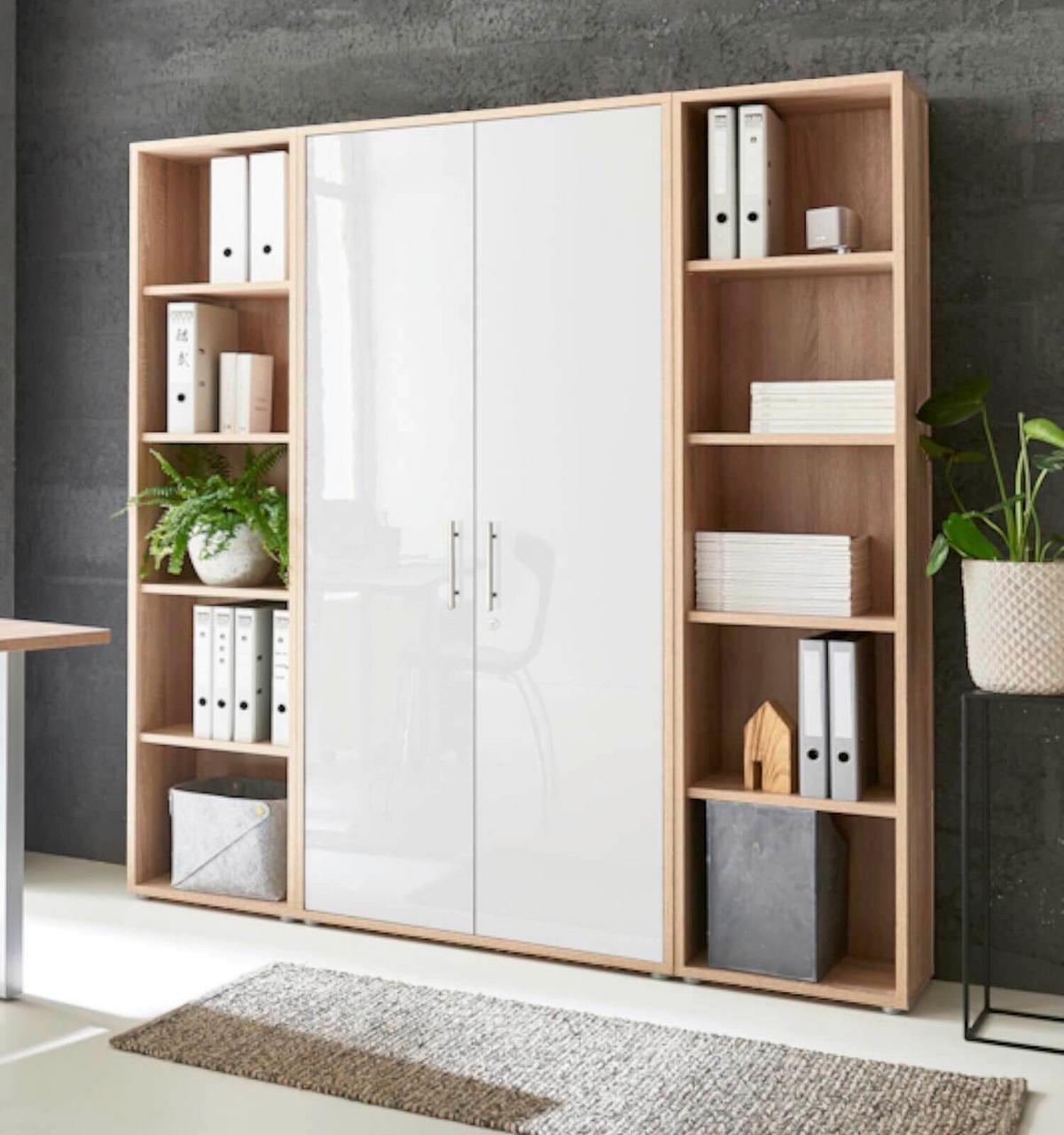 Büro Office Edition Eiche Dekor/weiß Hochglanz - Weiß Hochglanz/Sonoma Eiche, MODERN, Holzwerkstoff/Metall - MID.YOU