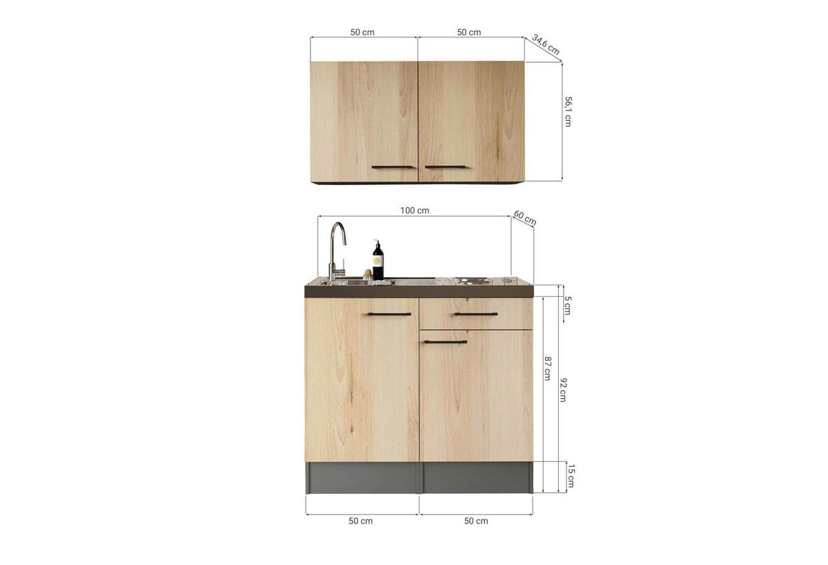 MINIKÜCHE Oliver, Grau Artisan B: 100 cm - Eiche Artisan/Grau, Trend, Holzwerkstoff (100cm) - Respekta