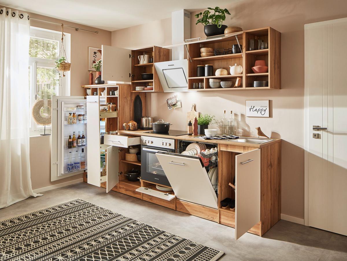 Küchenzeile Economy M. Geräten 310 Cm Weiß/wildeiche - Wildeiche/Weiß, Basics, Holzwerkstoff (310cm) - Respekta