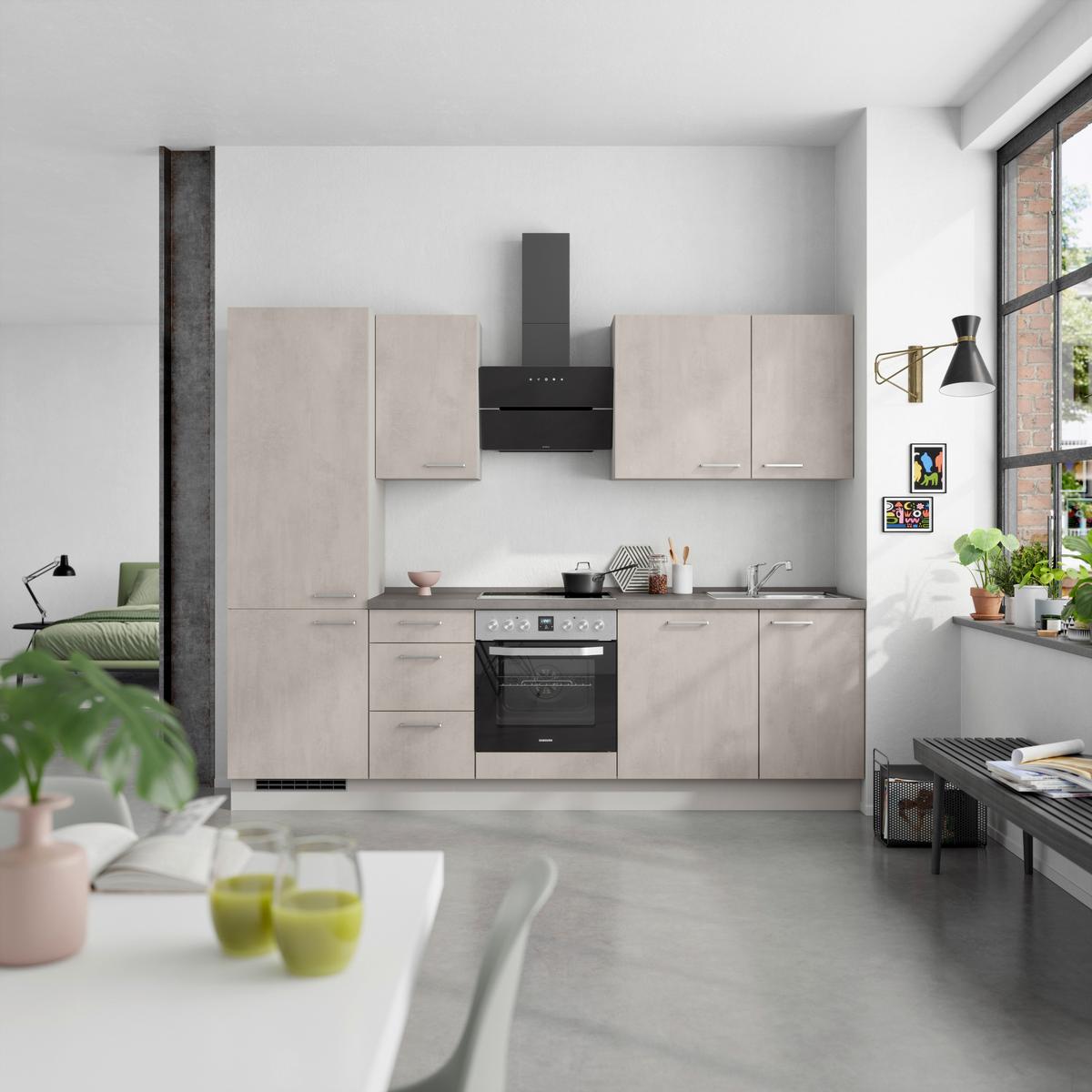 Kuchynská linka 270 cm, šedý betón/ kamenná šedá - sivá/farba ušľachtilej ocele, Modern, kov/kompozitné drevo (270cm) - Nobilia