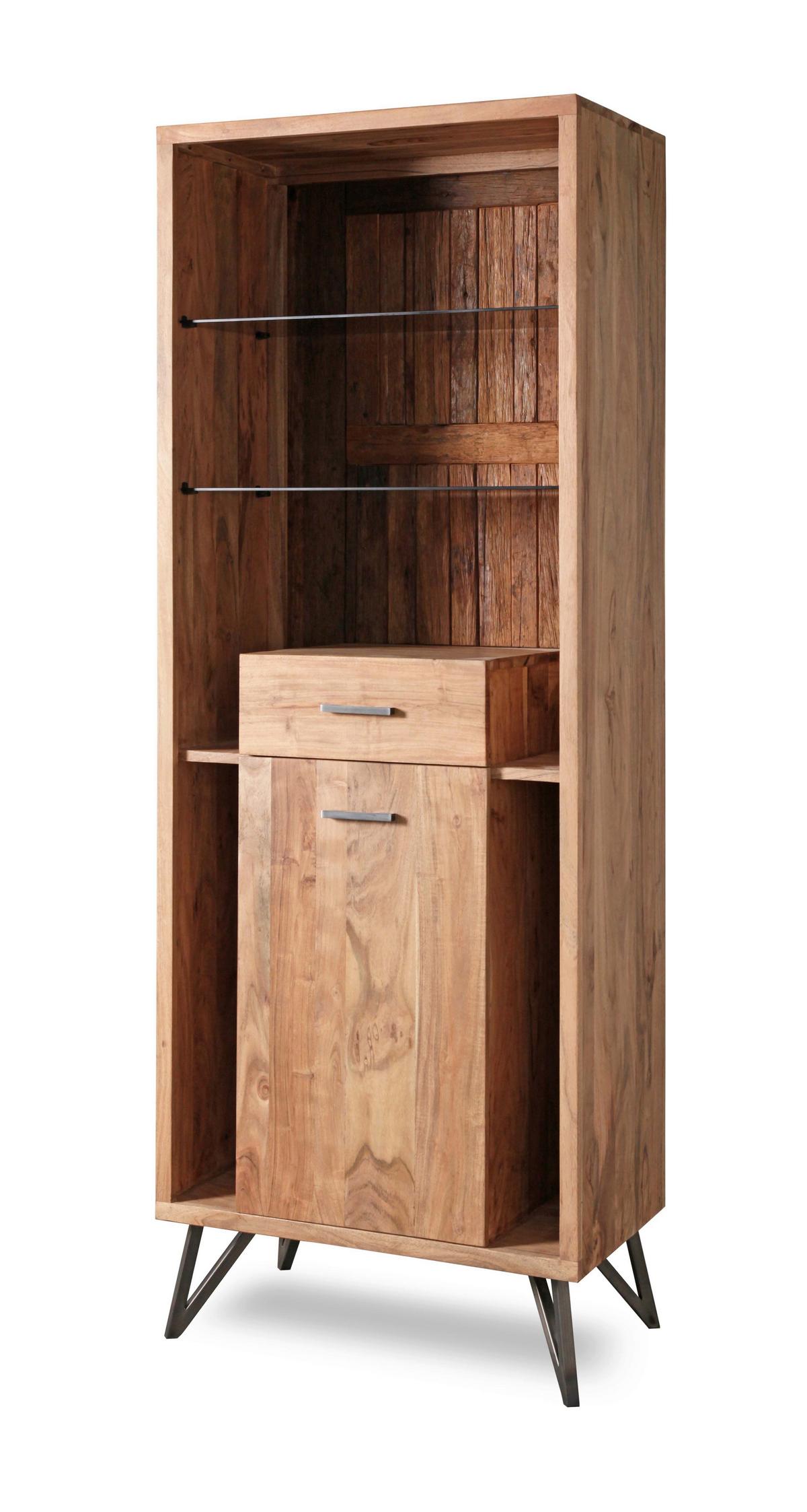 Vitrine Indira Akazie Massiv, B: 72 cm - Schwarz/Akaziefarben, ROMANTIK / LANDHAUS, Holz/Metall (72/195/40cm)
