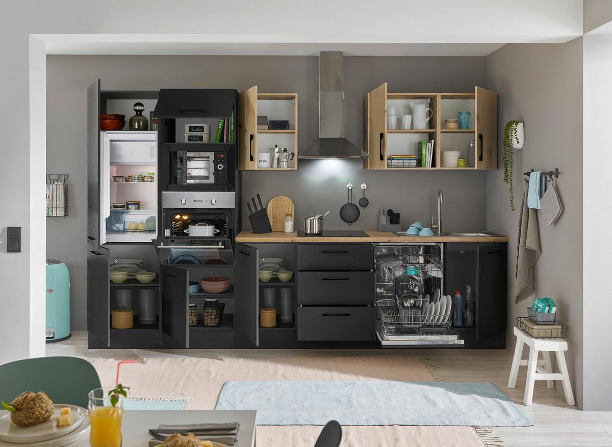 Küchenblock Turin Schwarz/eiche Dekor B: 340 Cm - Schwarz/Eiche Artisan, Basics, Holzwerkstoff (340cm) - MID.YOU