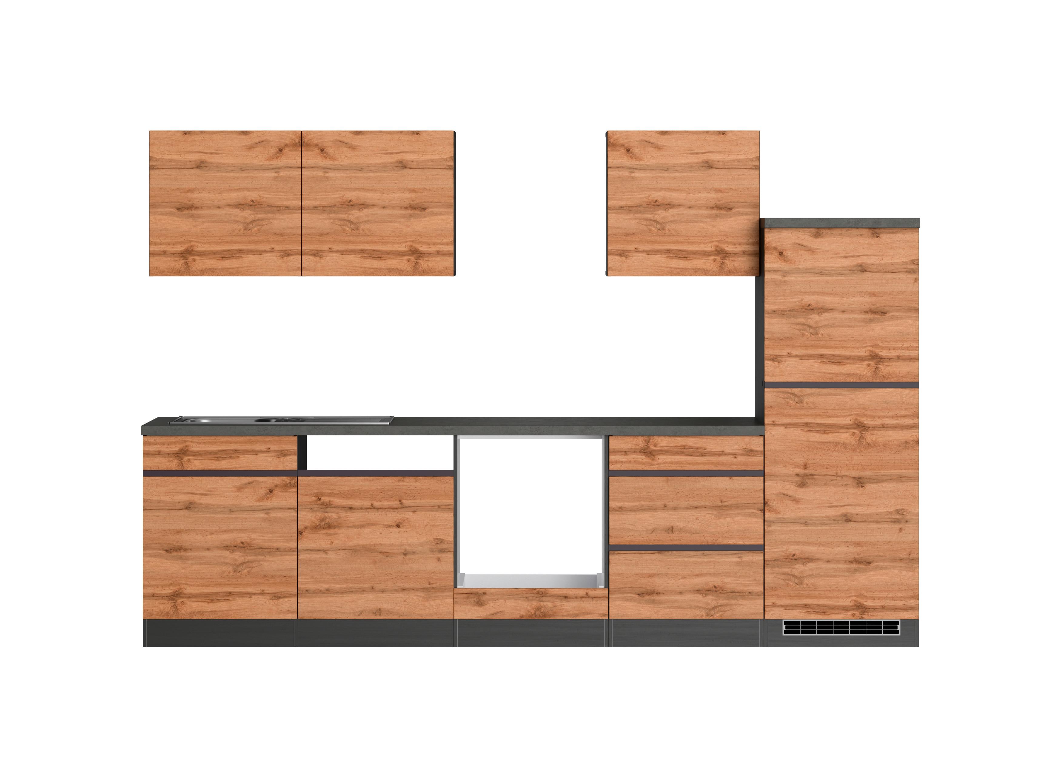 Küchenzeile Turin ohne Geräte B: 300 cm Graphit/Eiche Dekor - Eiche Wotan/Graphitfarben, Design, Holzwerkstoff (300cm) - Held