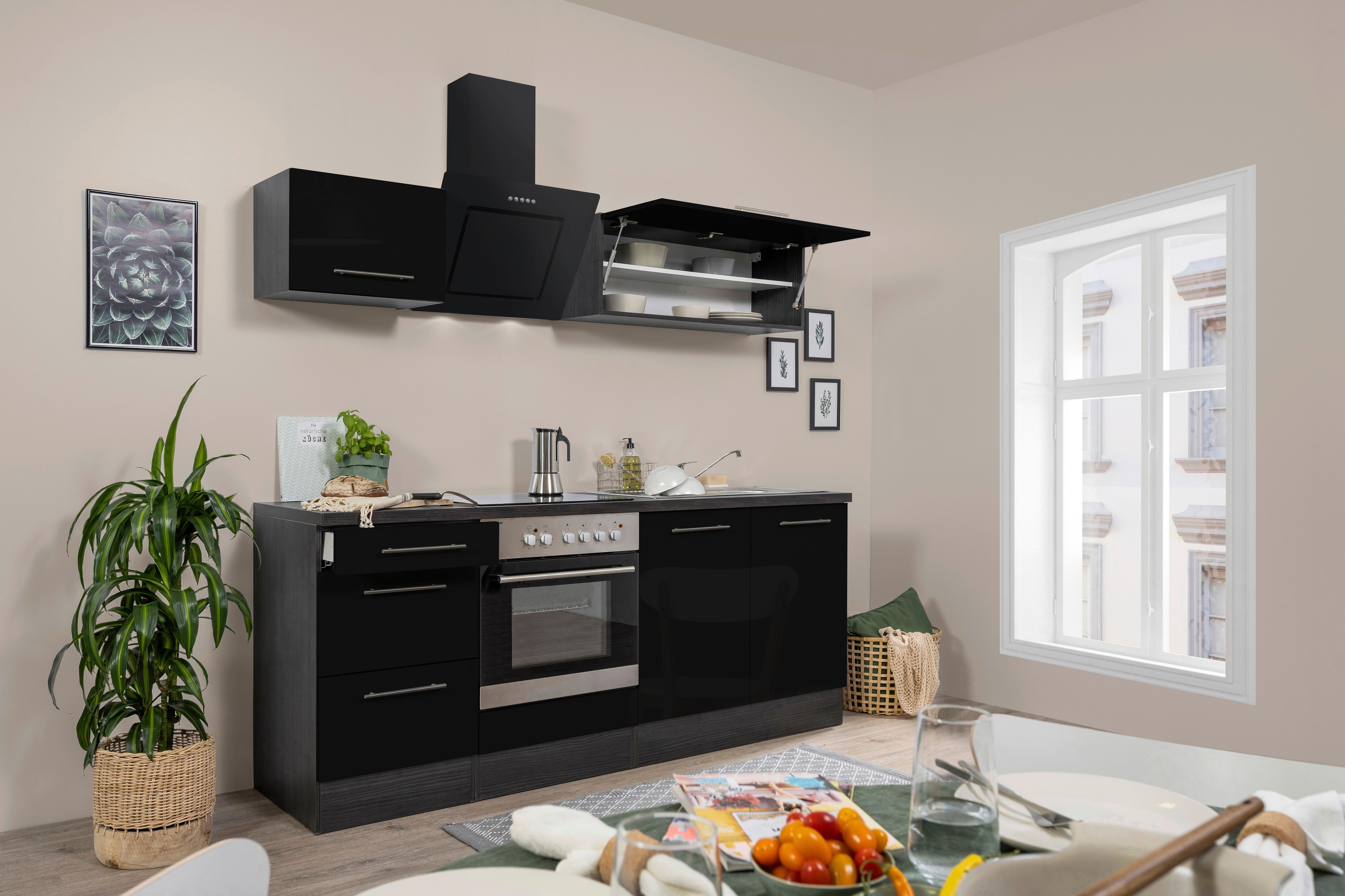 Küchenzeile mit Geräten 210 cm Schwarz Hochglanz - Schwarz/Grau, Basics, Holzwerkstoff (210cm) - Respekta