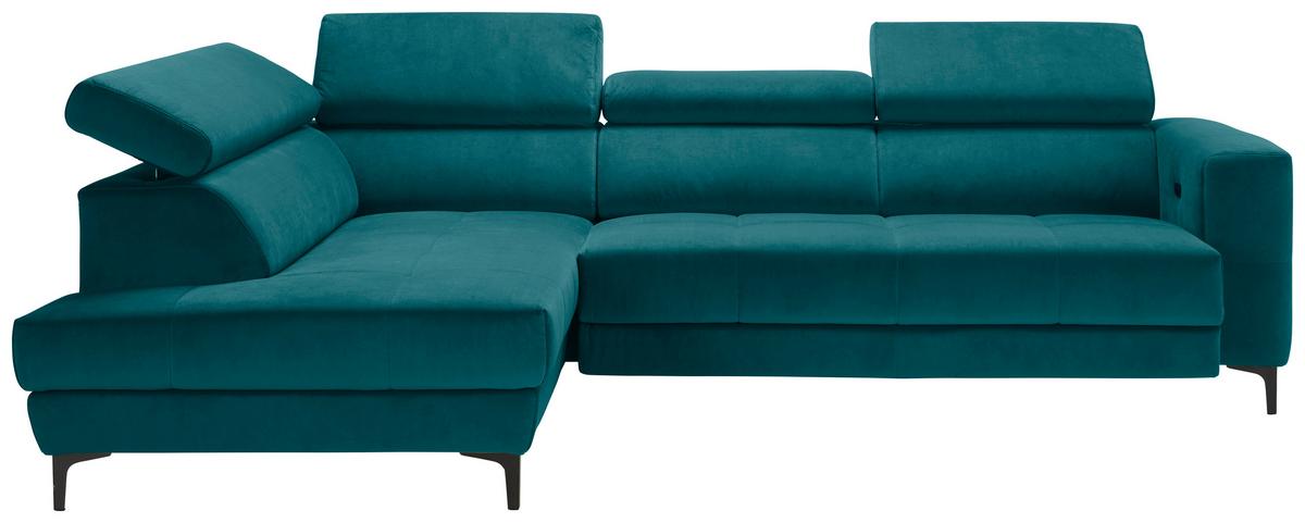 Rohová sedačka EMMA, levá, petrolej.,op.hl.,USB,el.výsuv - petrolej/černá, Moderní, textil (210/301cm) - Premium Living