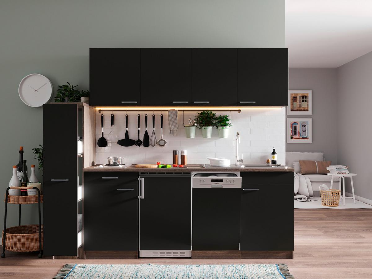 Küchenblock Oliver Singleküche 225 cm - Eichefarben/Schwarz, Basics, Holzwerkstoff (225cm) - Respekta