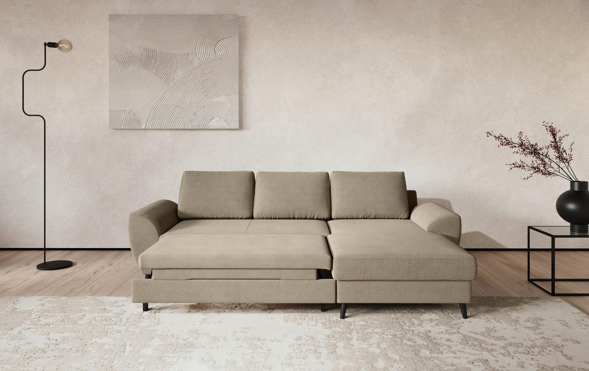 Ecksofa mit Bettfunktion Terra Cord braun, B: 255cm - Hellbraun/Schwarz, Trend, Textil (255/154cm) - MID.YOU