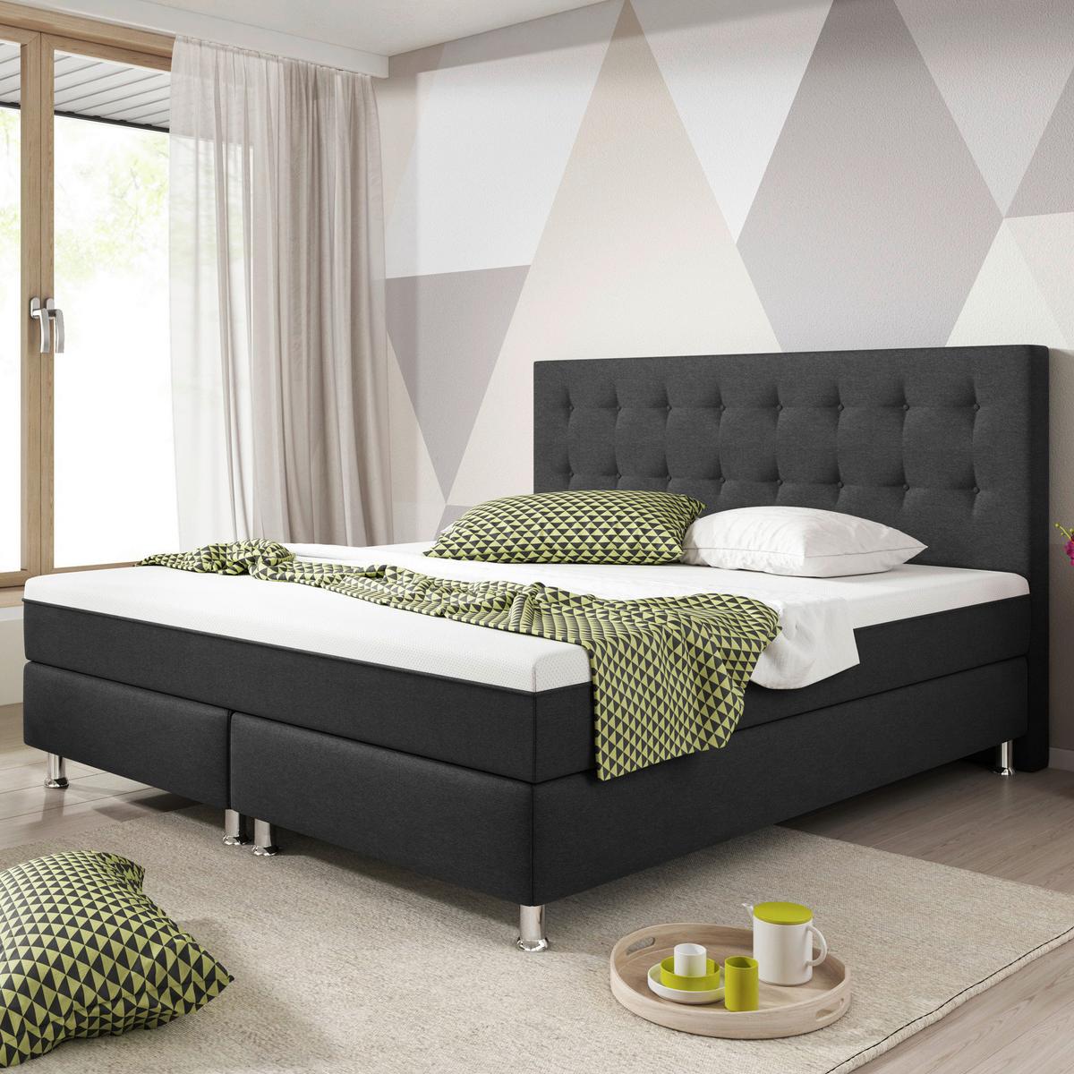 Boxspringbett mit Topper 180x200 Köln Plus - Anthrazit/Silberfarben, KONVENTIONELL, Textil (180/115/210cm) - MID.YOU