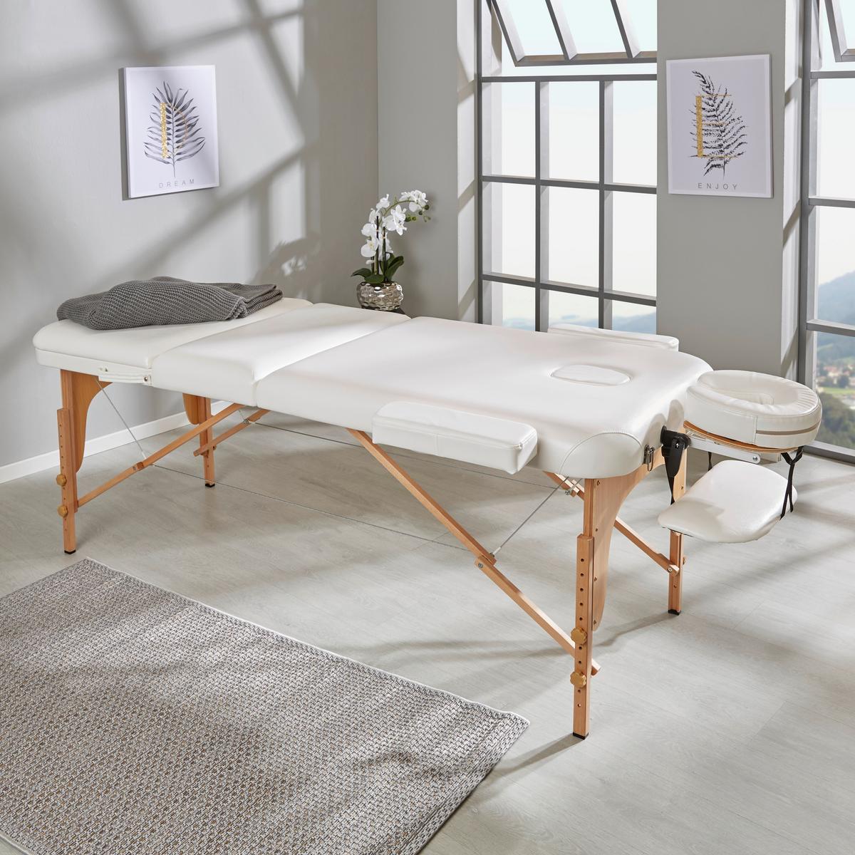 Massageliege Wooden Weiß Holzgestell, Höhenverstellbar - Beige/Buchefarben, MODERN, Holz/Holzwerkstoff (185/70/62-85cm) - Ondega