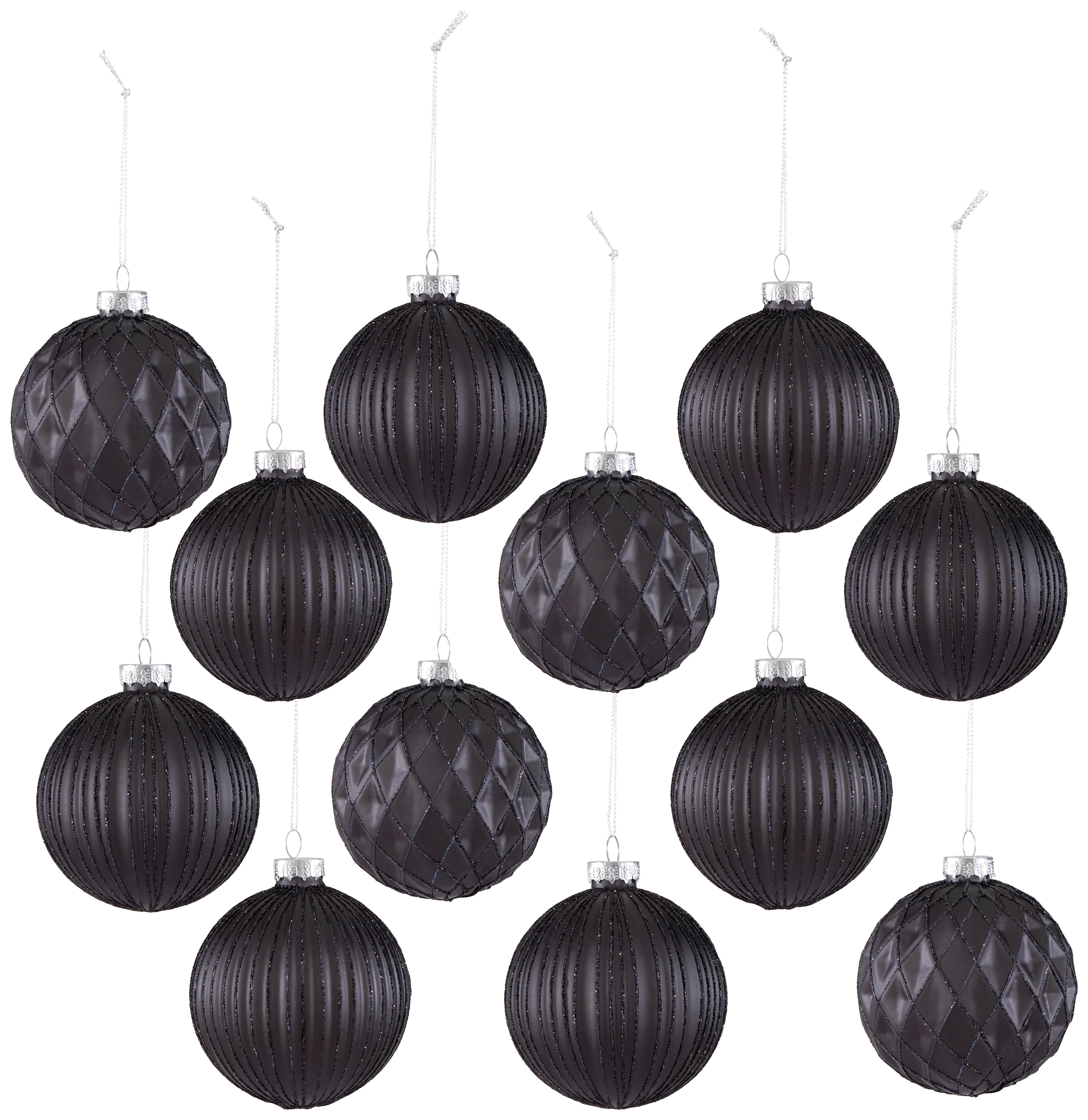 Sada Vánočních Koulí Miracle, 12ks/bal. - černá, kov/textil (8cm) - Modern Living