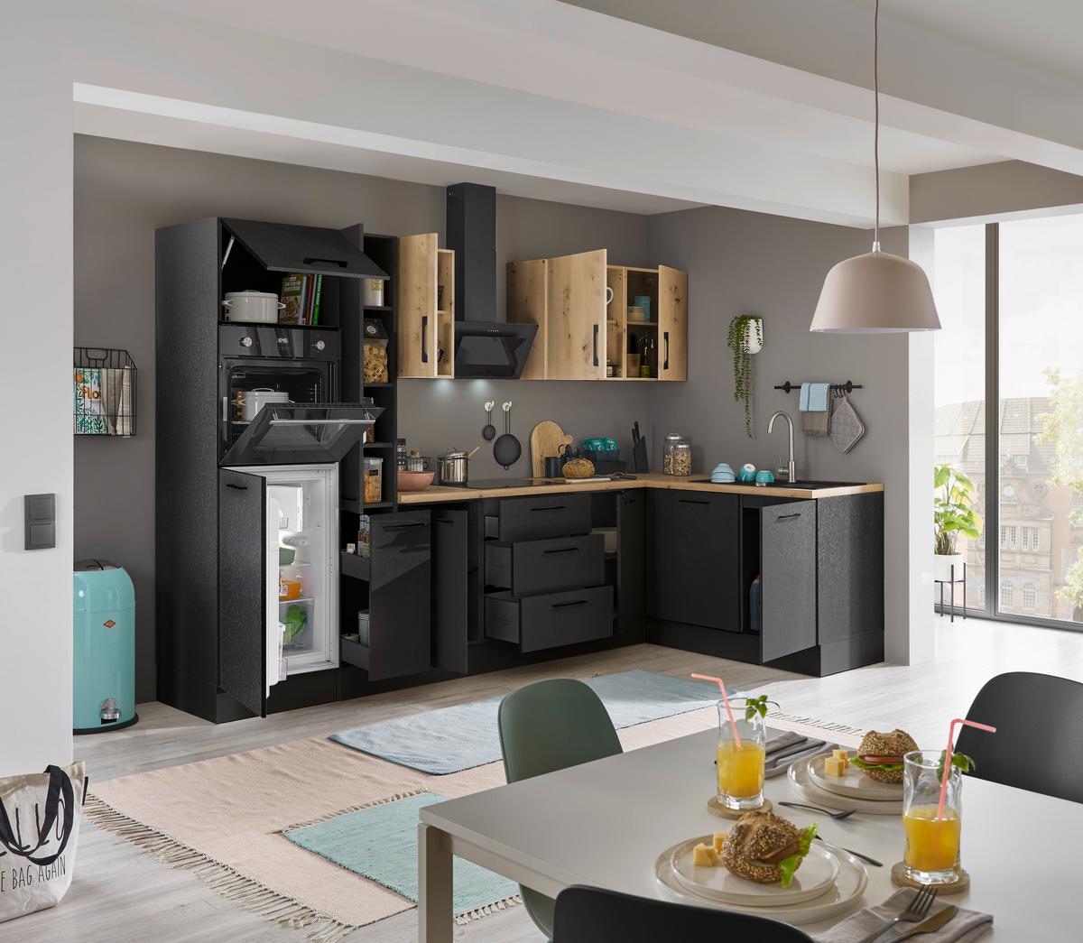 Eckküche Turin Schwarz/Eiche Dekor 310x175 cm - Schwarz/Eiche Artisan, Basics, Holzwerkstoff (310/175cm) - MID.YOU