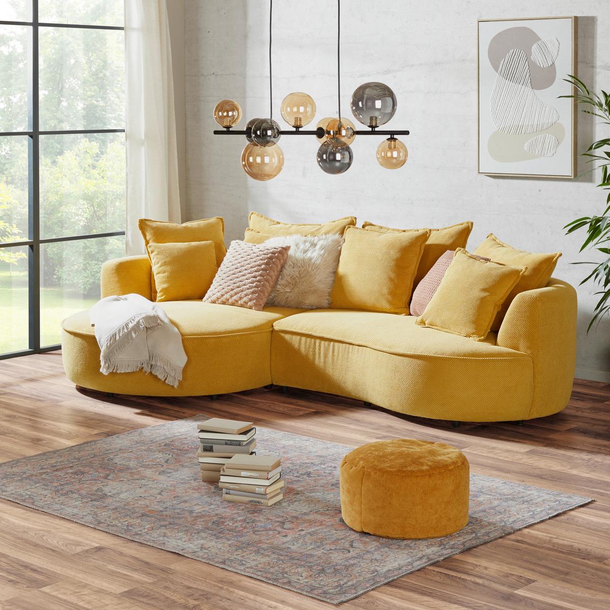 Rohová sedačka LEVI, levá hořčicově žlutá, se 7 polštáři - černá/hořčicově žlutá, Moderní, textil/plast (168/287cm)