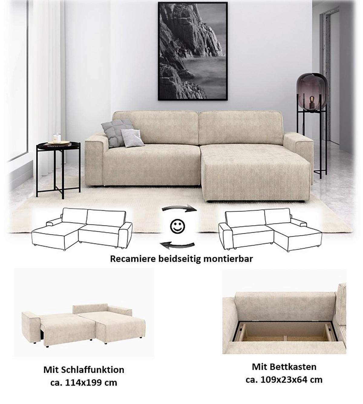 Ecksofa Chance, Creme S:265x164 cm - Creme/Schwarz, MODERN, Textil (265/164cm) - Trendmanufaktur