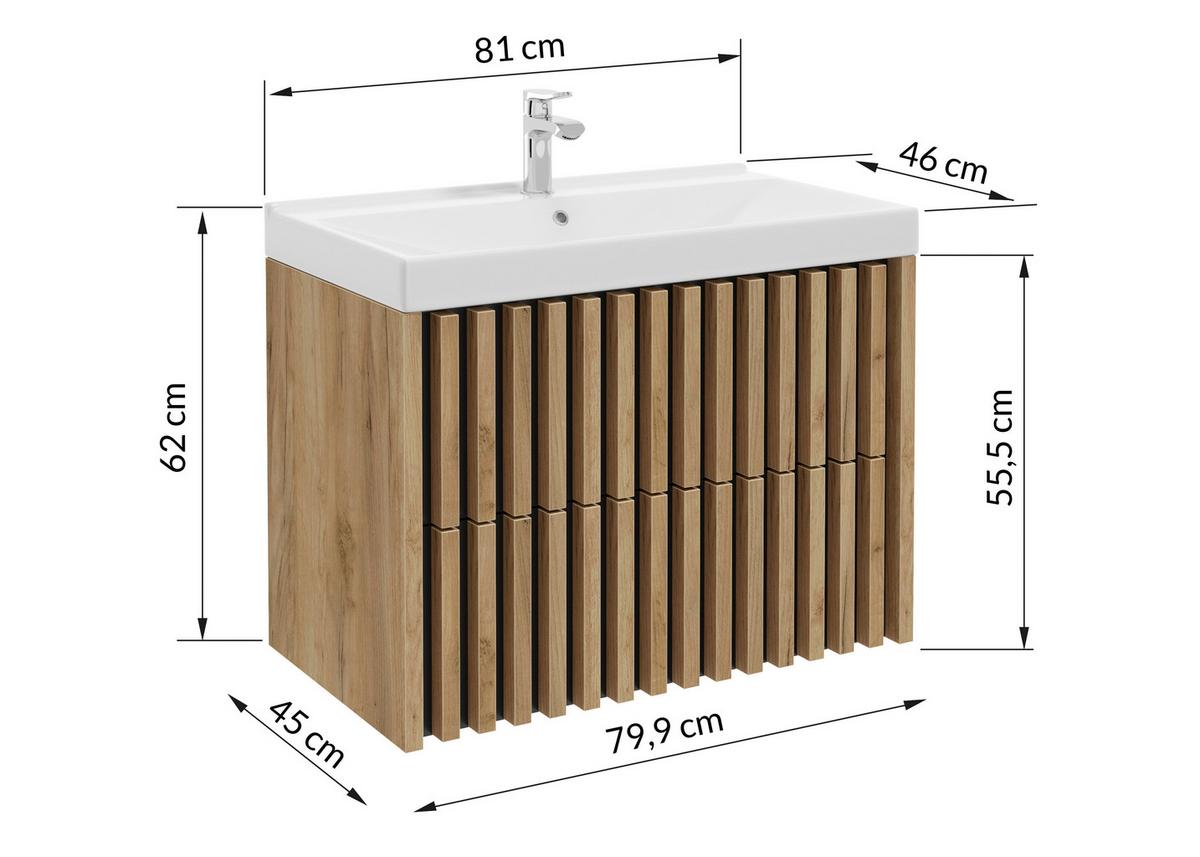 Waschbecken mit Unterschrank B: 81 cm Schwarz/Eichedekor - Eichefarben/Schwarz, MODERN, Keramik/Holzwerkstoff (81cm) - MID.YOU