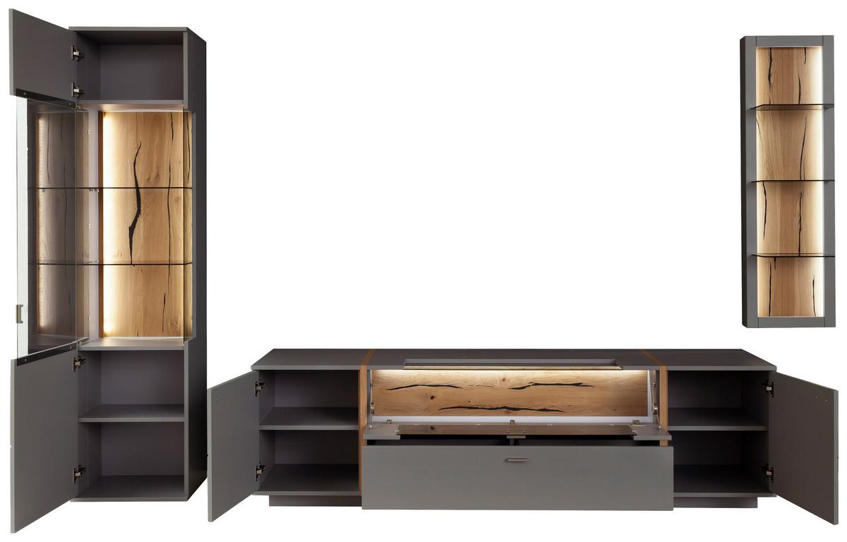 Wohnkombination teilmassiv 3--teilig. Sevilla Grau/Eiche - Eichefarben/Schwarz, Design, Glas/Holzwerkstoff (316/207/50cm) - MID.YOU