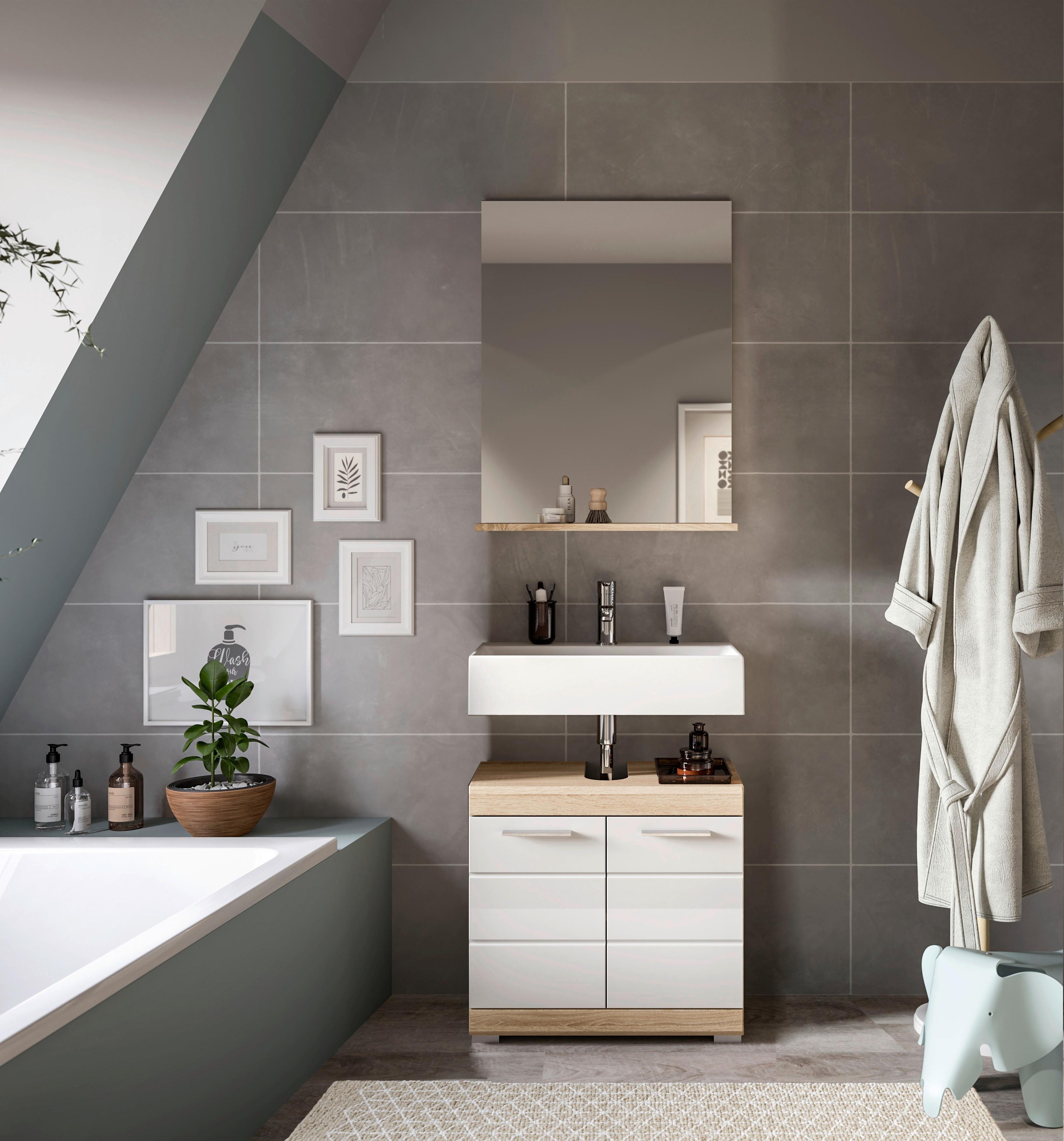 Badezimmer Lambada Eiche Dekor/weiß B: 60 Cm - Weiß Hochglanz/Silberfarben, MODERN, Glas/Holzwerkstoff (60cm) - MID.YOU