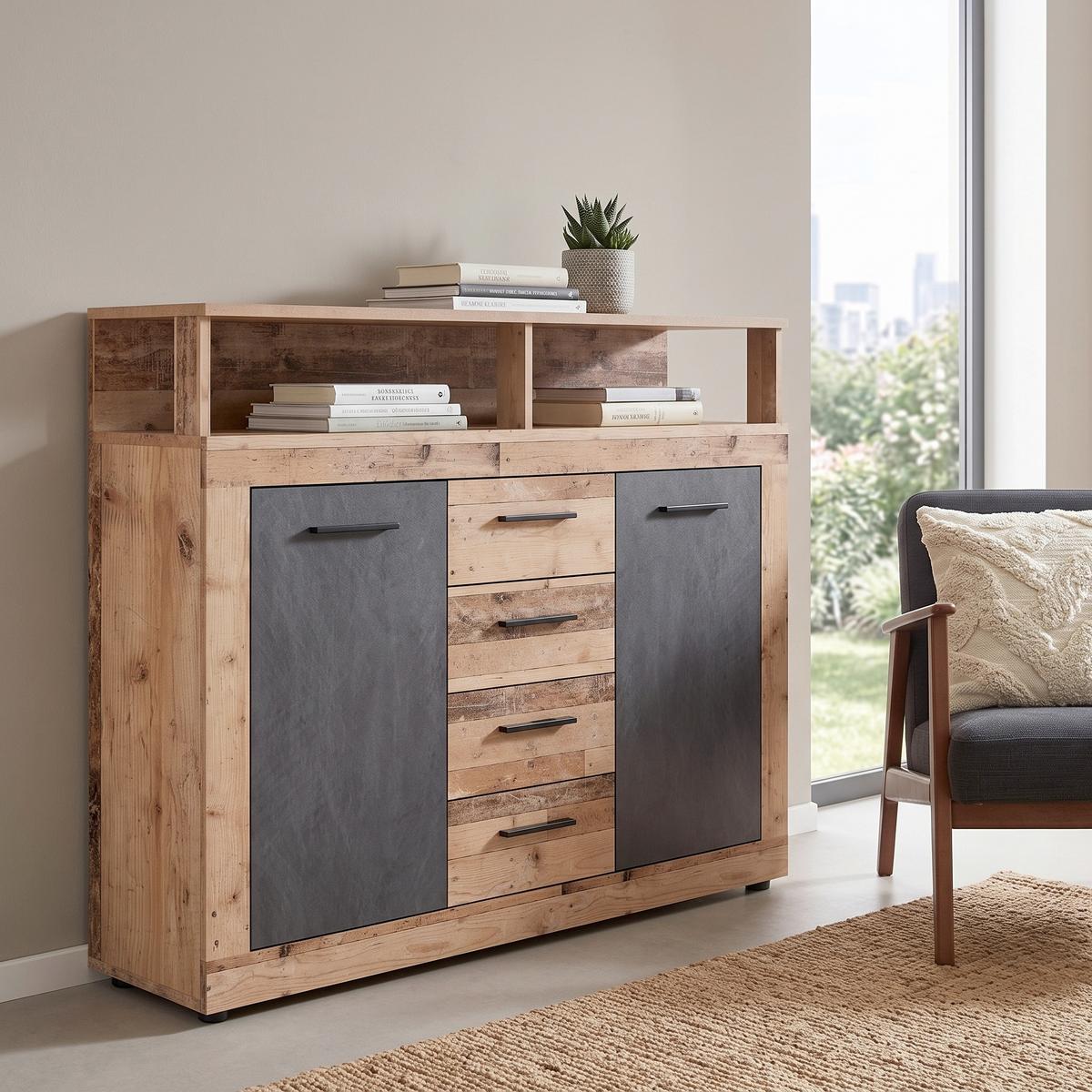 Kommode  119,5cm Luna B Anthrazit Eiche Dekor - Eichefarben/Anthrazit, Design, Holzwerkstoff (119,5/96,8/32cm) - MID.YOU