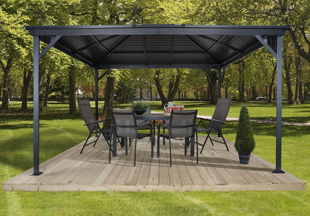 Pavillon Ventura 296x261cm Wetterfest, Mit Vorhängen - Anthrazit, Basics, Metall (296/261cm)