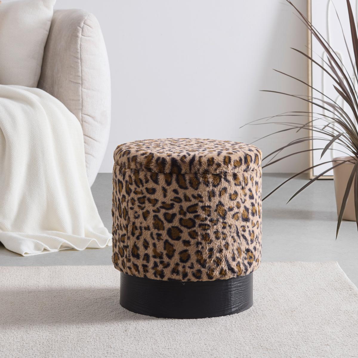Leopardia taburetka LEO, hnedá/béžová umelá kožušina - hnedá/čierna, Lifestyle, kompozitné drevo/textil (38/43/38cm) - Mömax