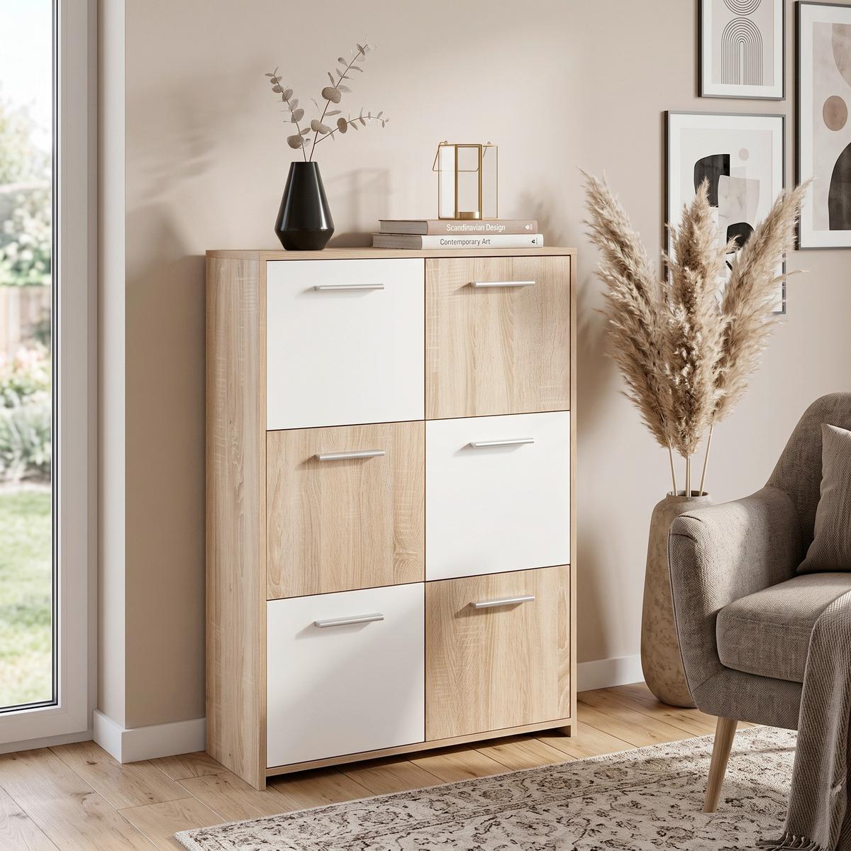 Highboard B 77cm Egadi, Sonoma Eiche Dekor/Weiß - Weiß/Sonoma Eiche, Basics, Holzwerkstoff (77/115/30cm) - MID.YOU
