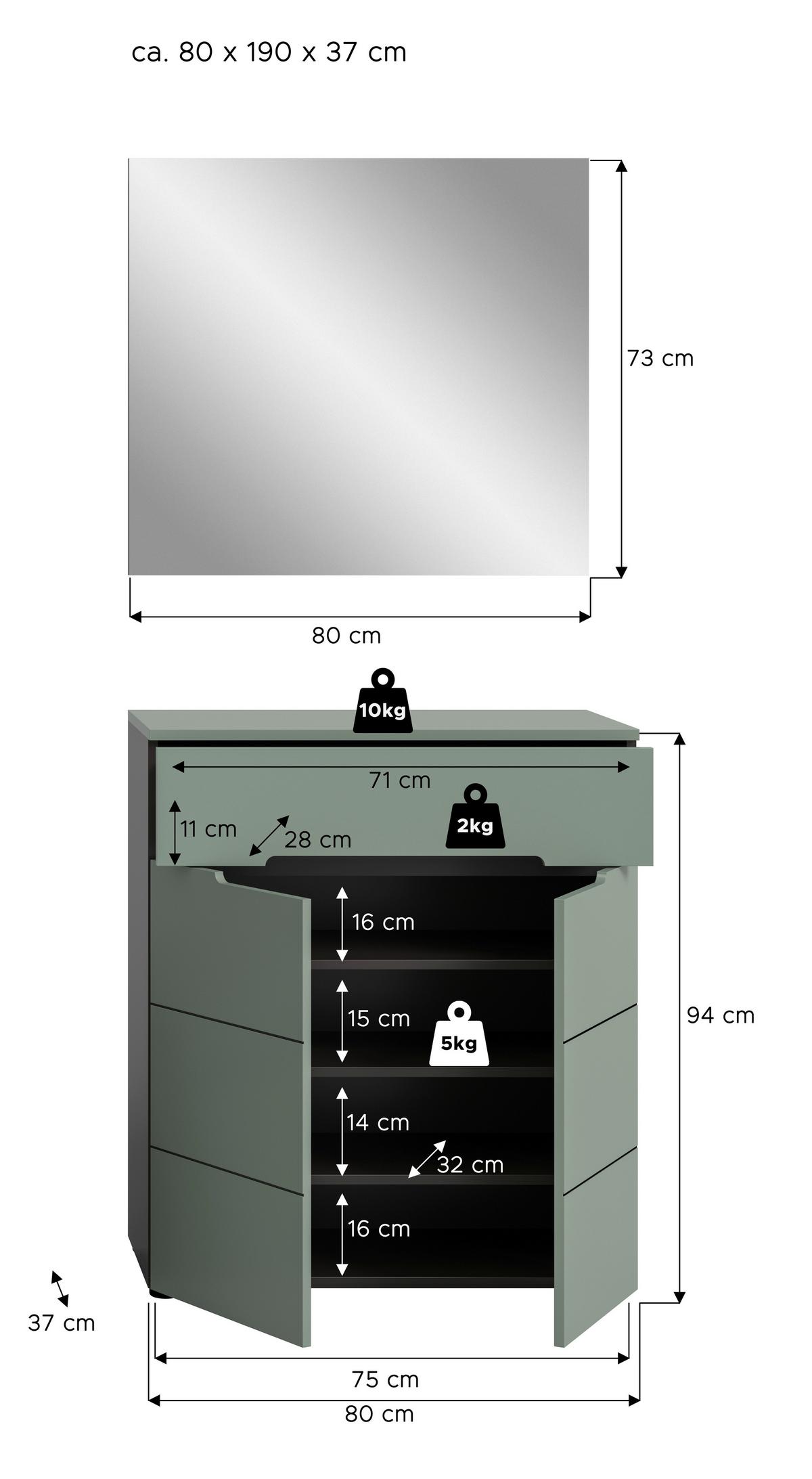 Garderobe Canu 2-Teilig Grau/Grün B: 80 cm - Graugrün/Grau, Design, Holzwerkstoff (80/190/37cm) - Livetastic